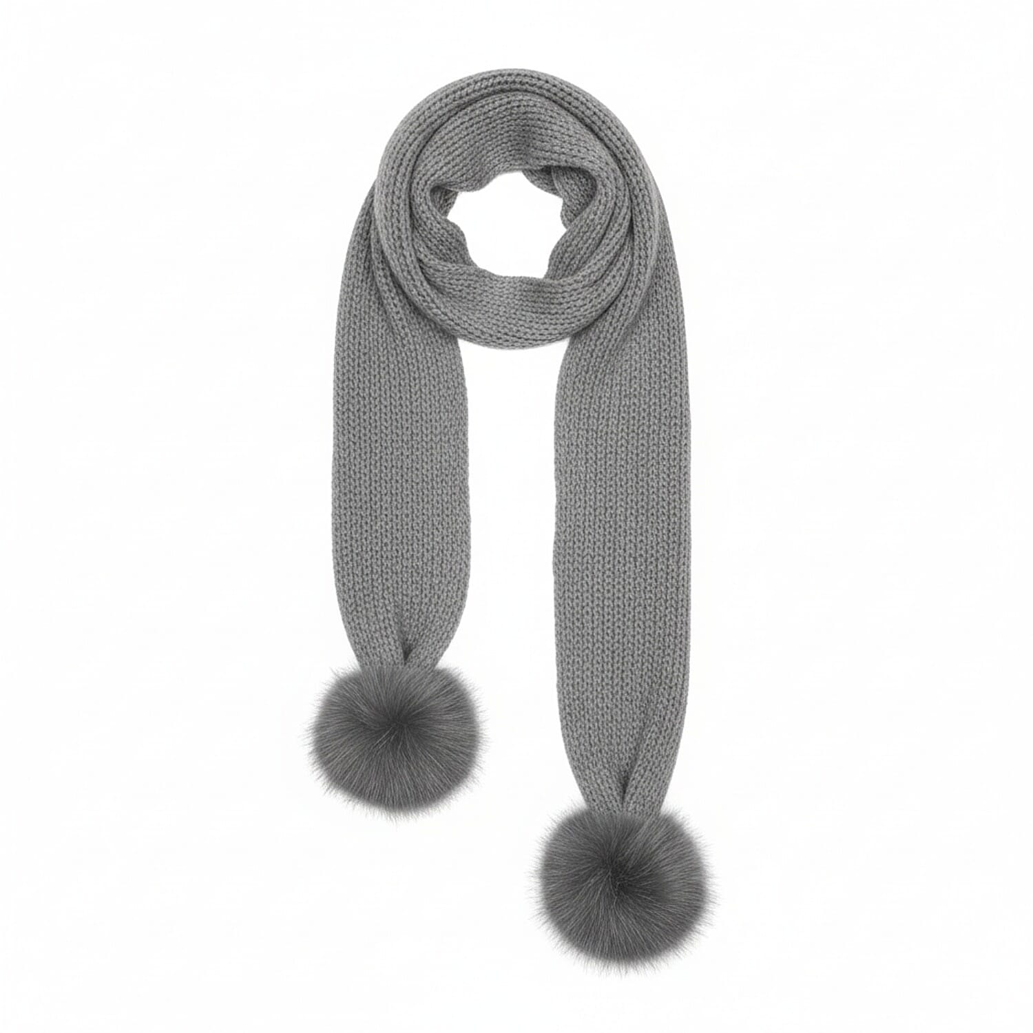 Long Knitted Pom Pom Scarf - Grey 8296522 0