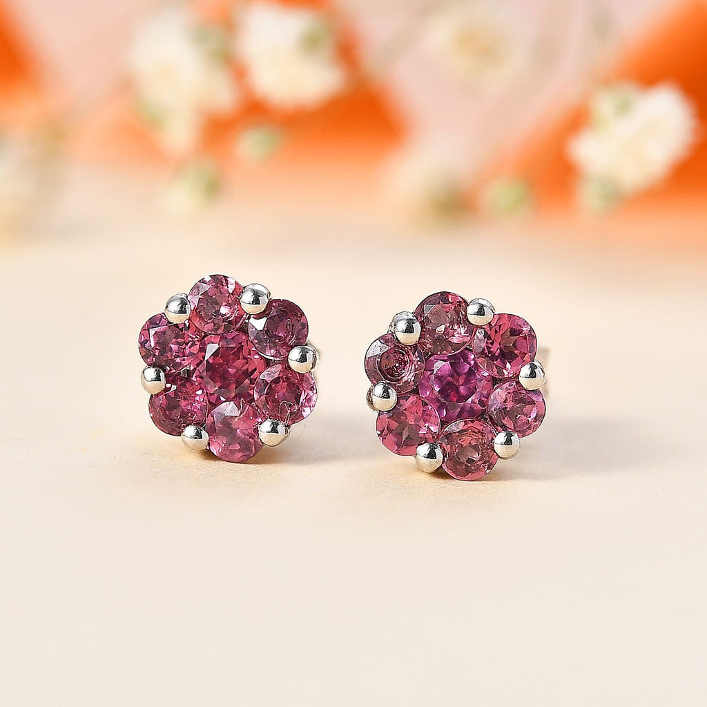 Lotus Garnet Cluster Stud Earrings in Platinum Overlay Sterling Silver 1.35 Ct