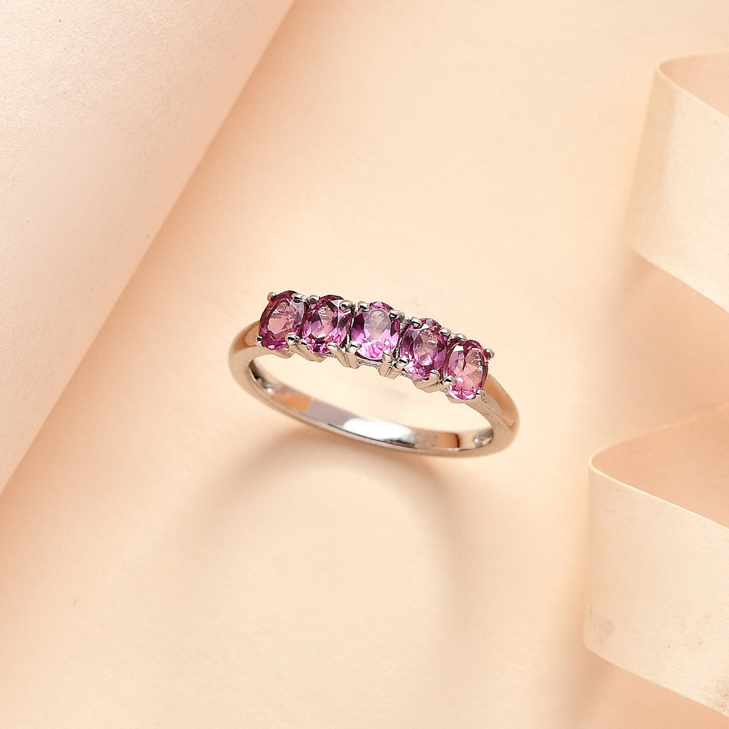 Lotus Garnet 5 Stone Ring in Platinum Overlay Sterling Silver 1.10 Ct