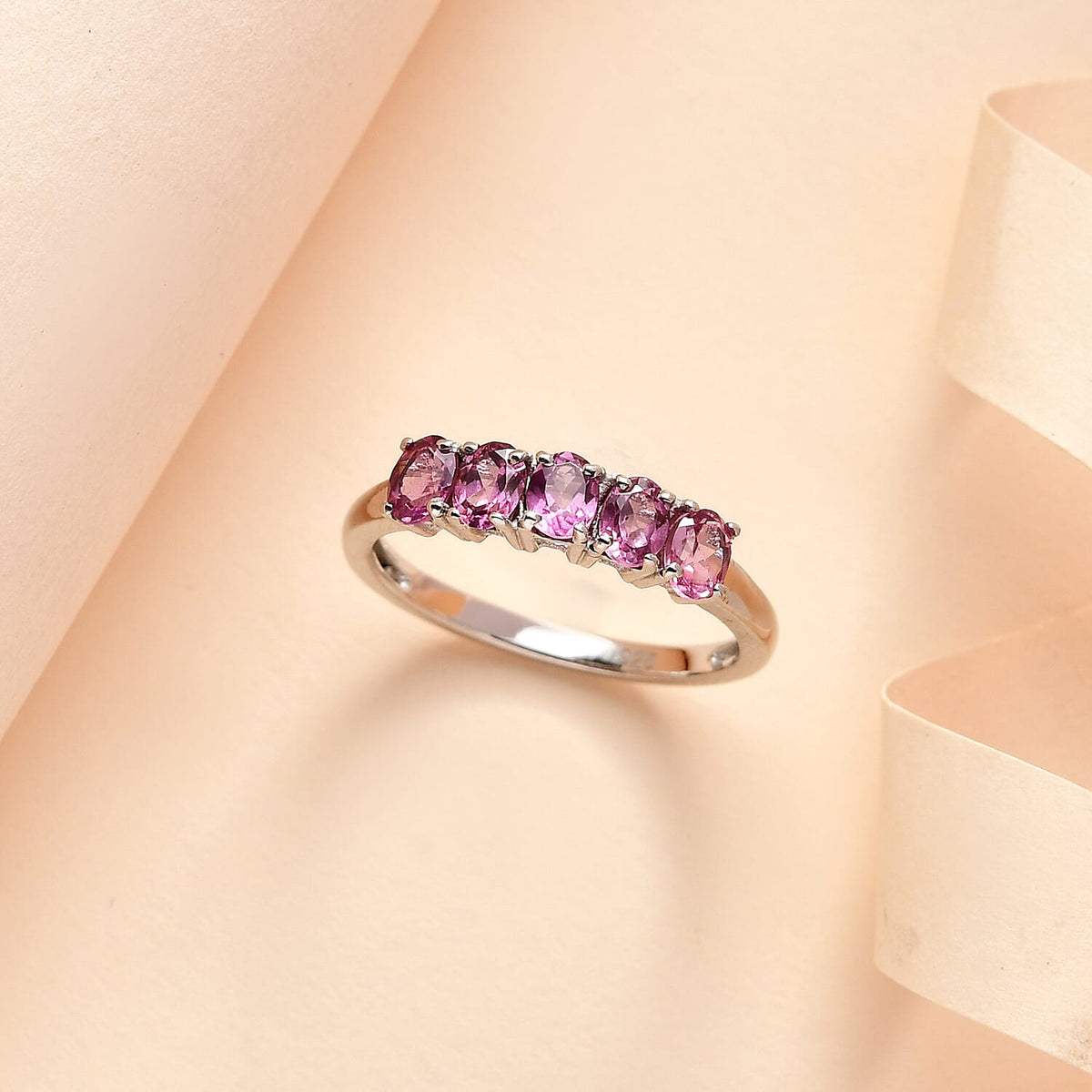 Lotus Garnet 5 Stone Ring in Platinum Overlay Sterling Silver 1.10 Ct 7521836 1