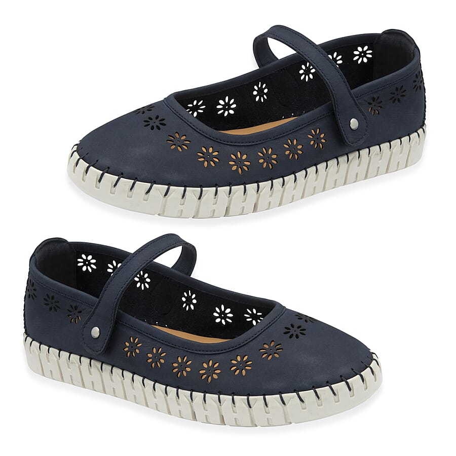 Lotus Aurelia Laser Cut Floral Mary Jane Ballerina Shoes (Size 4) - Navy 8515541 0