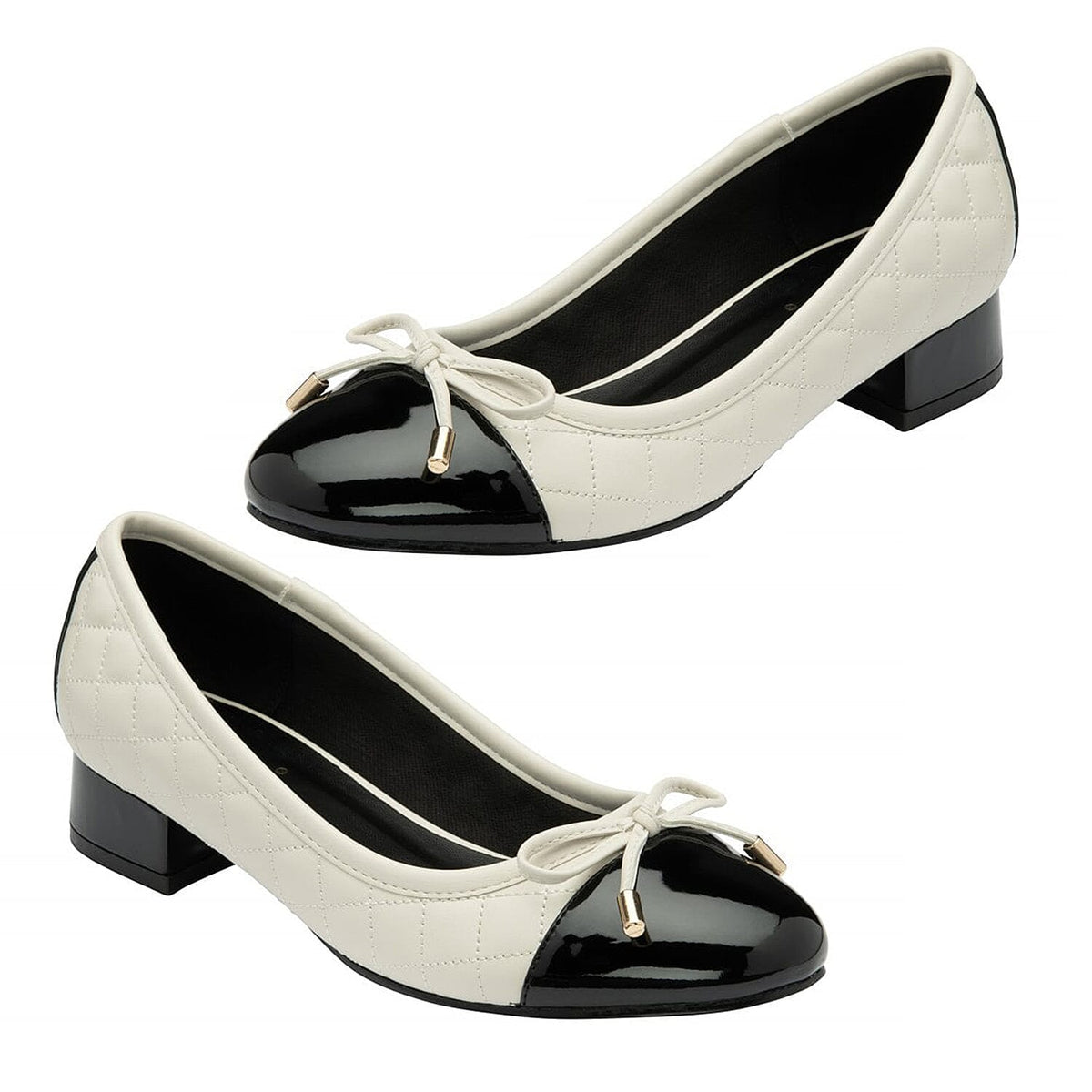 Lotus Rush Quilted Two-Tone Cap Toe Ballet Pumps With Block Heel (Size 3) - Cream &amp; Black 8302410 0
