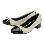 Lotus Rush Quilted Two-Tone Cap Toe Ballet Pumps With Block Heel (Size 3) - Cream & Black