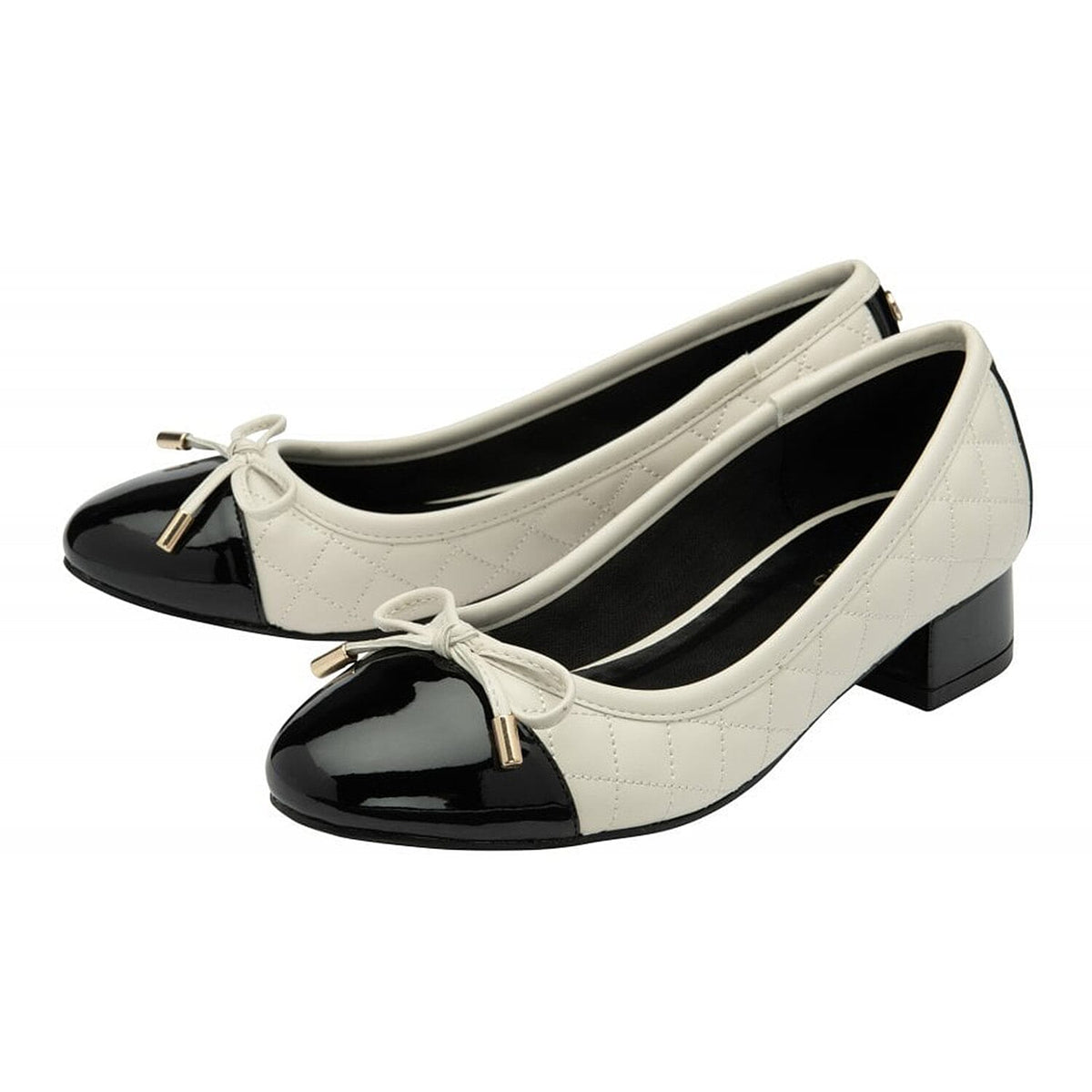 Lotus Rush Quilted Two-Tone Cap Toe Ballet Pumps With Block Heel (Size 8) - Cream &amp; Black 8302415 1