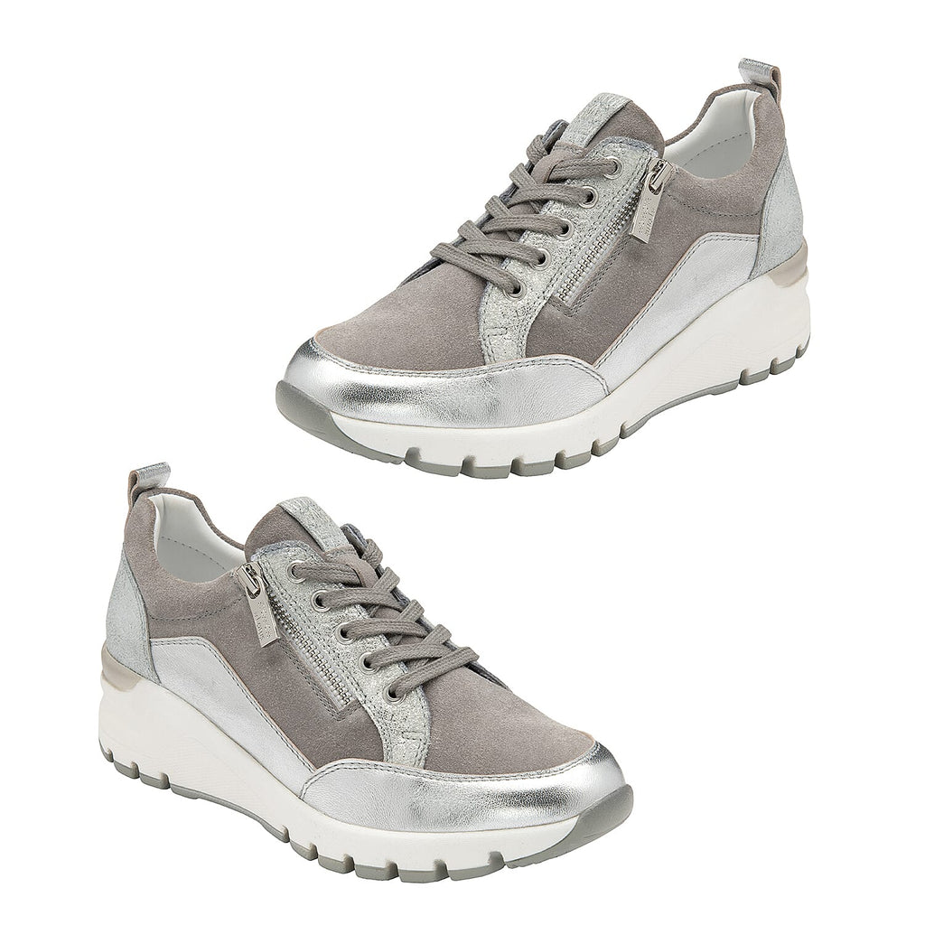 Lotus Sassy Lace-Up Womens Trainers with Functional Outside Zip (Size 4) - Grey & Silver