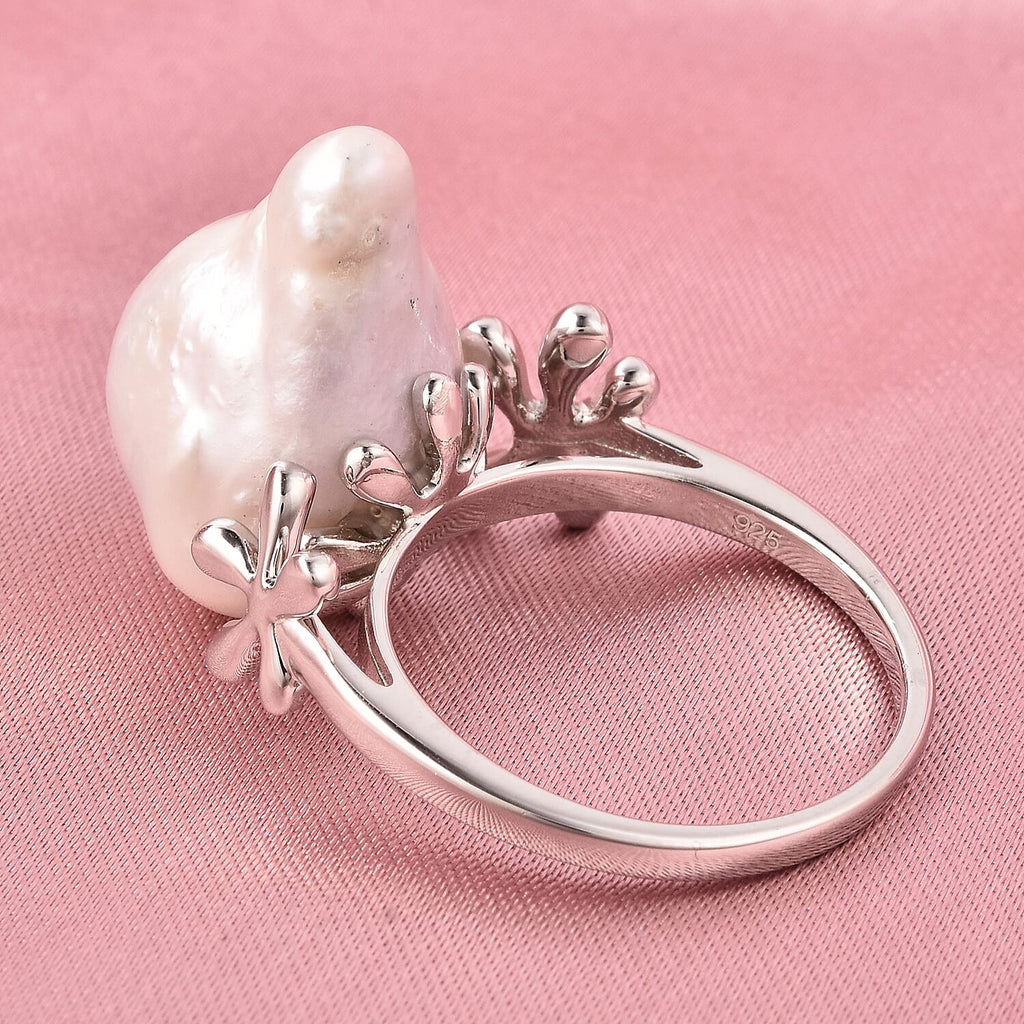 LucyQ - Freshwater White Baroque Pearl Ring in Rhodium Overlay Sterling Silver