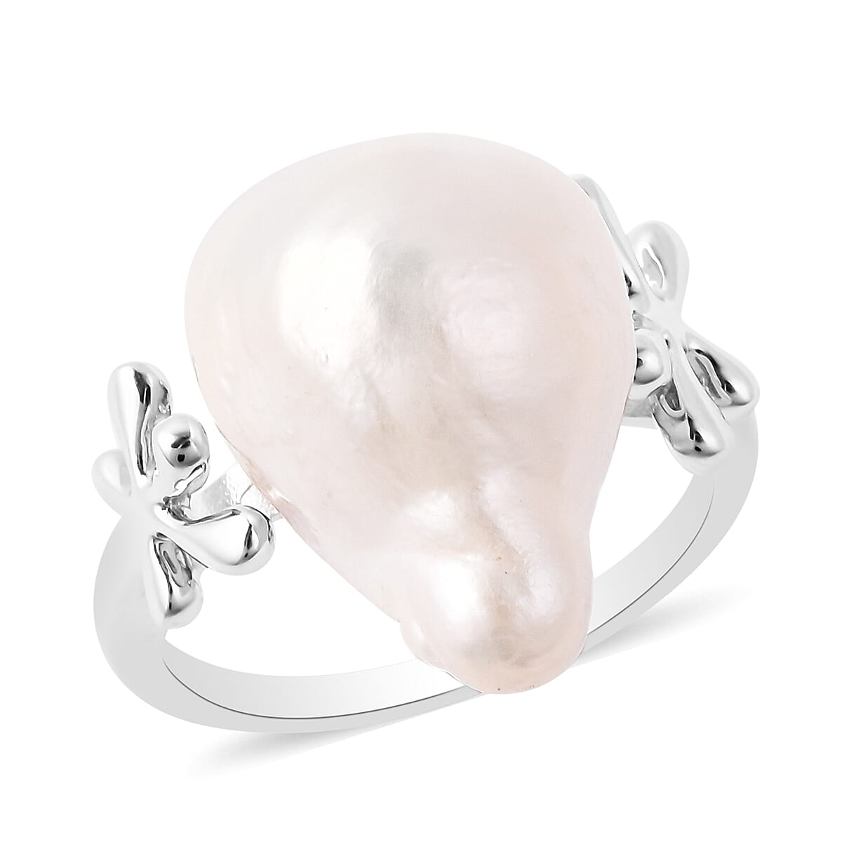 Lucy Q - Freshwater White Baroque Pearl Ring in Rhodium Overlay Sterling Silver 3653424 3
