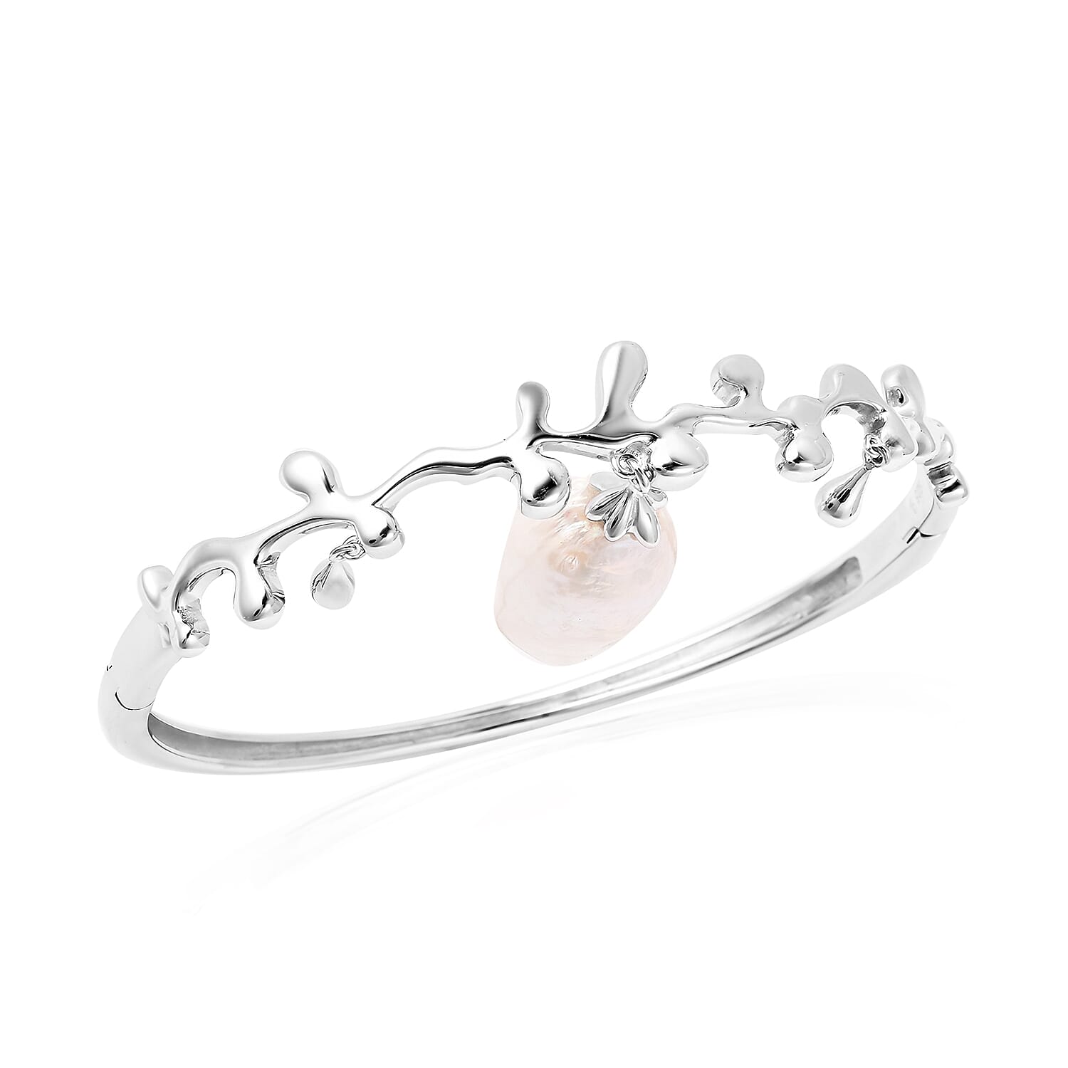 Lucy Q Baroque Freshwater White Pearl Splash and Drip Design Bangle (Size 7.5) in Rhodium Overlay Sterling Silver, Silver Wt 21.17 Gms 3653450 0