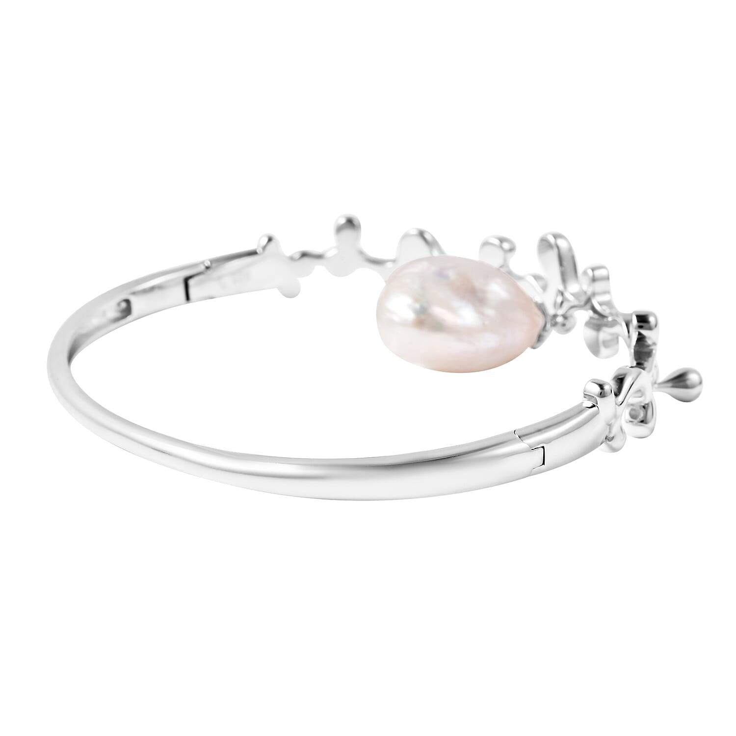 Lucy Q Baroque Freshwater White Pearl Splash and Drip Design Bangle (Size 7.5) in Rhodium Overlay Sterling Silver, Silver Wt 21.17 Gms 3653450 4