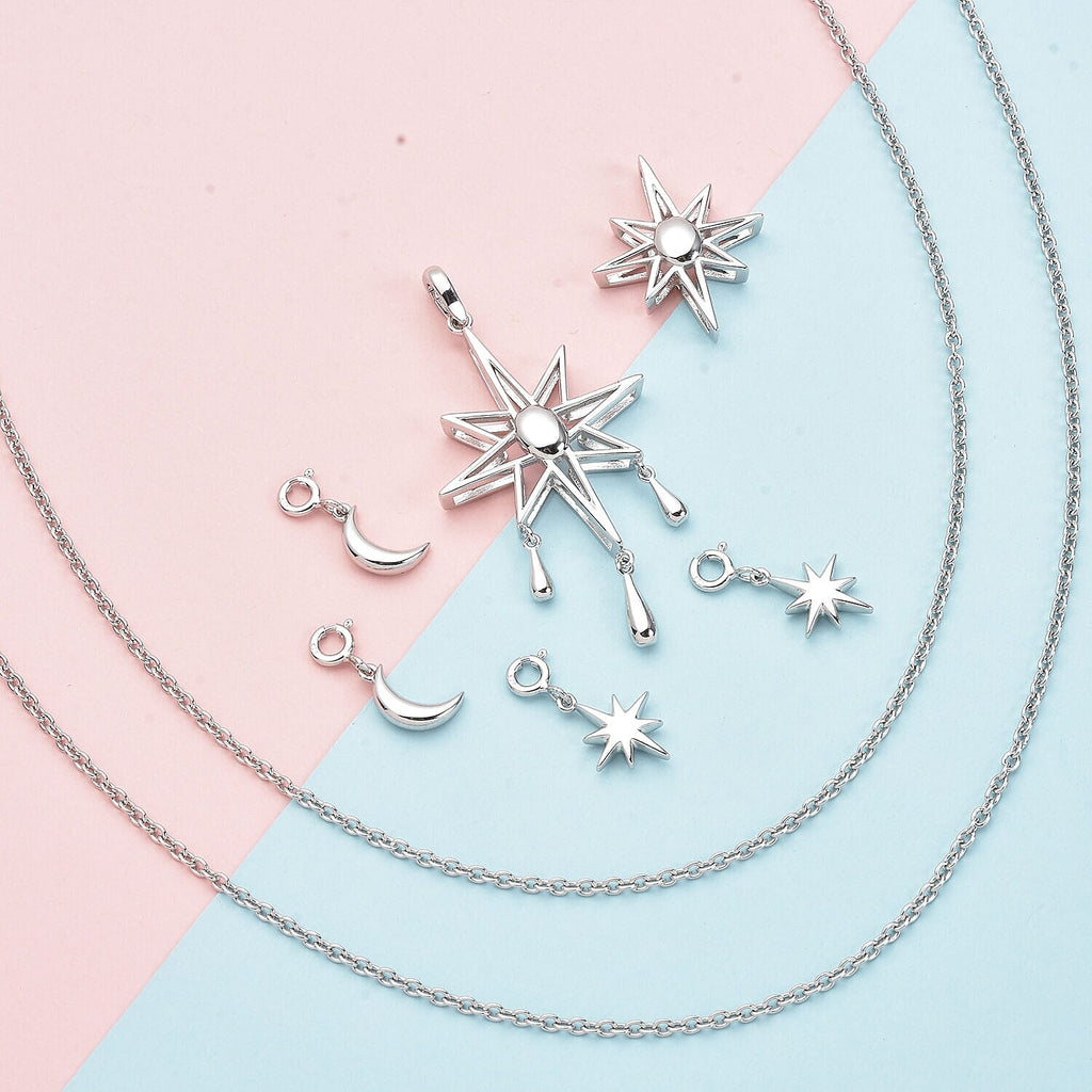 LucyQ Constellation Collection - 7 in 1 Wear Rhodium Overlay Sterling Silver Moon & Star Necklace (Size 24) and Detachable Pendant with Chain (Size 15,16,17)