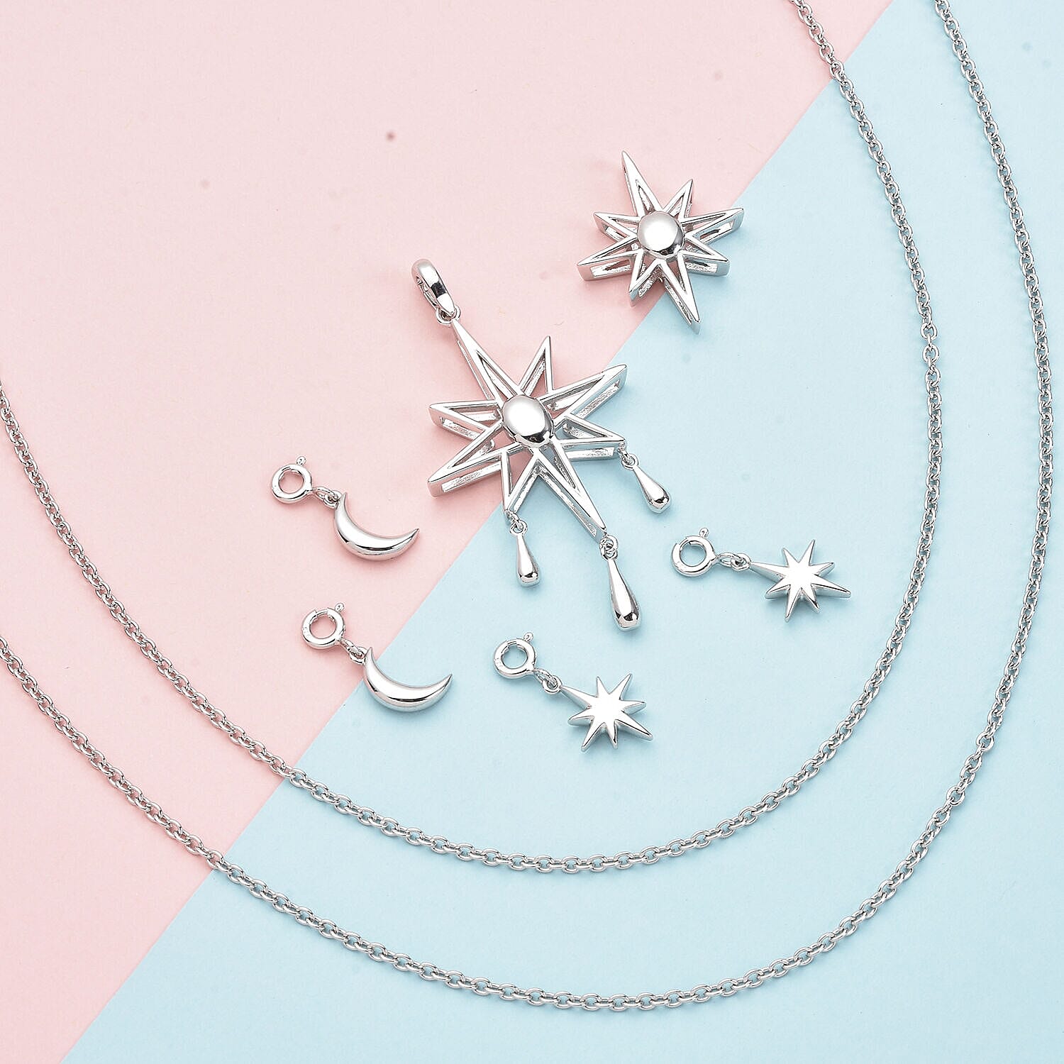 Lucy Q Constellation Collection - 7 in 1 Wear Rhodium Overlay Sterling Silver Moon and Star Necklace (Size 24) and Detachable Pendant with Chain (Size 15,16,17) 3887866 2