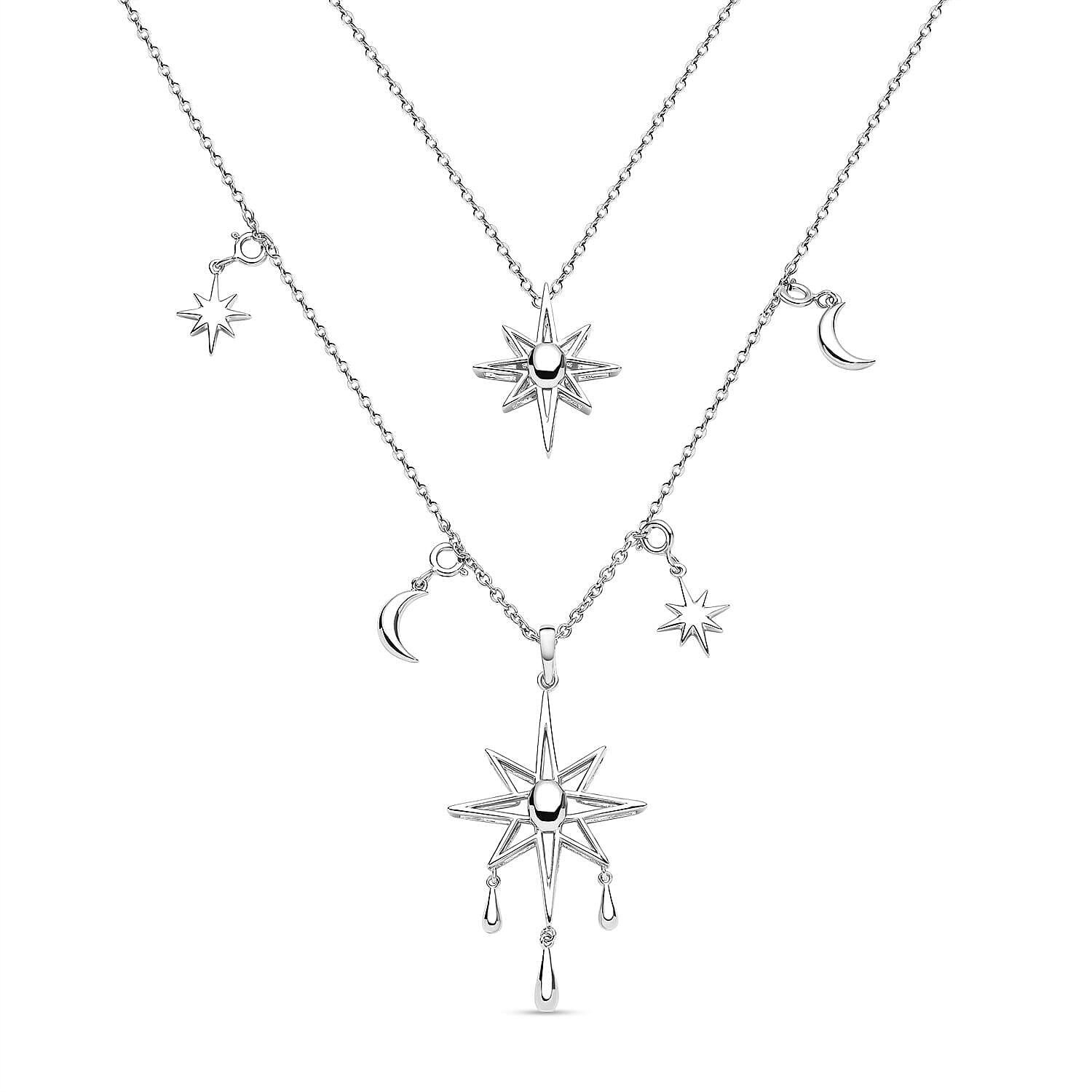 Lucy Q Constellation Collection - 7 in 1 Wear Rhodium Overlay Sterling Silver Moon and Star Necklace (Size 24) and Detachable Pendant with Chain (Size 15,16,17) 3887866 3