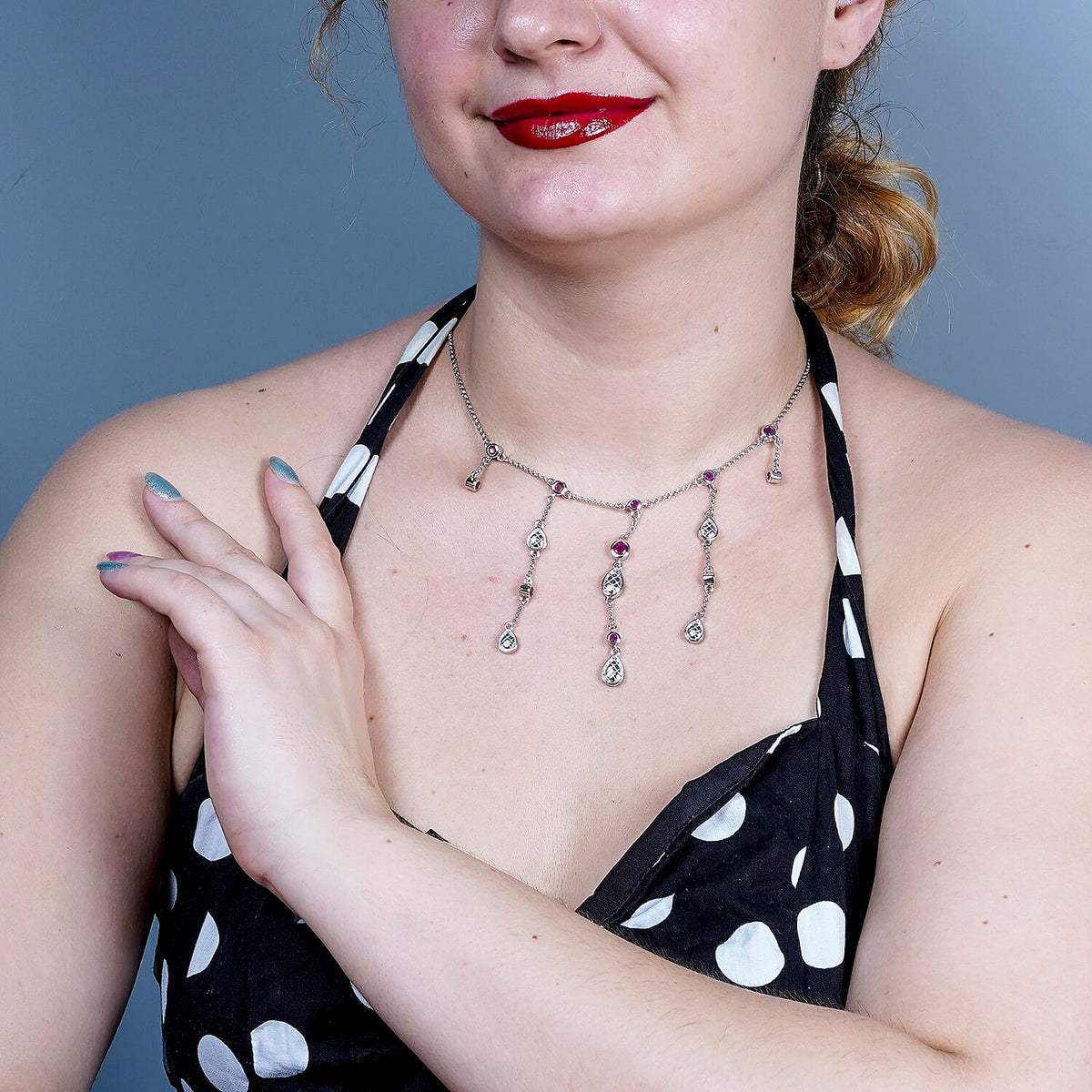 Lucy Q Drop Collection - African Ruby (FF) Waterfall Necklace (Size 18) in Rhodium Overlay Sterling Silver 2.80 Ct. 3820315 2