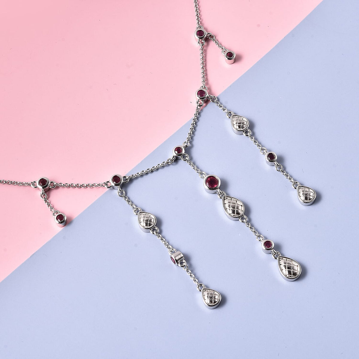 Lucy Q Drop Collection - African Ruby (FF) Waterfall Necklace (Size 18) in Rhodium Overlay Sterling Silver 2.80 Ct. 3820315 3