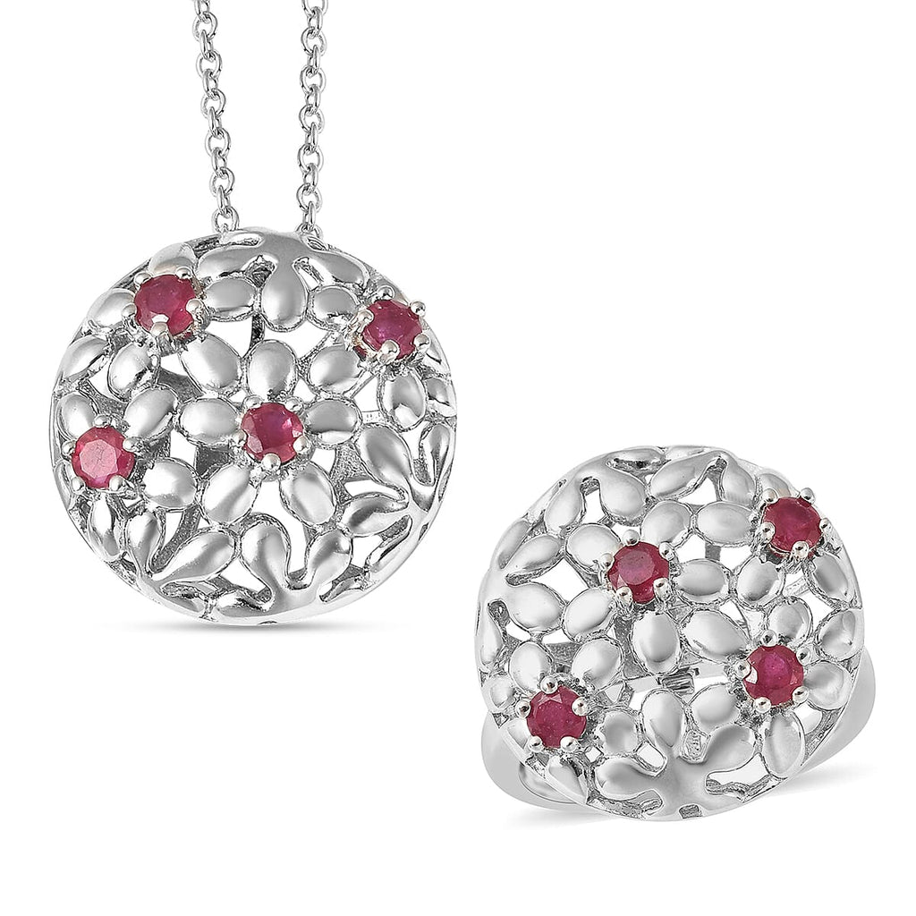 LucyQ Filigree Collection - African Ruby (FF) Interchangeable Poison Ring-Locket with Chain (Size 22) in Rhodium Overlay Sterling Silver, Silver