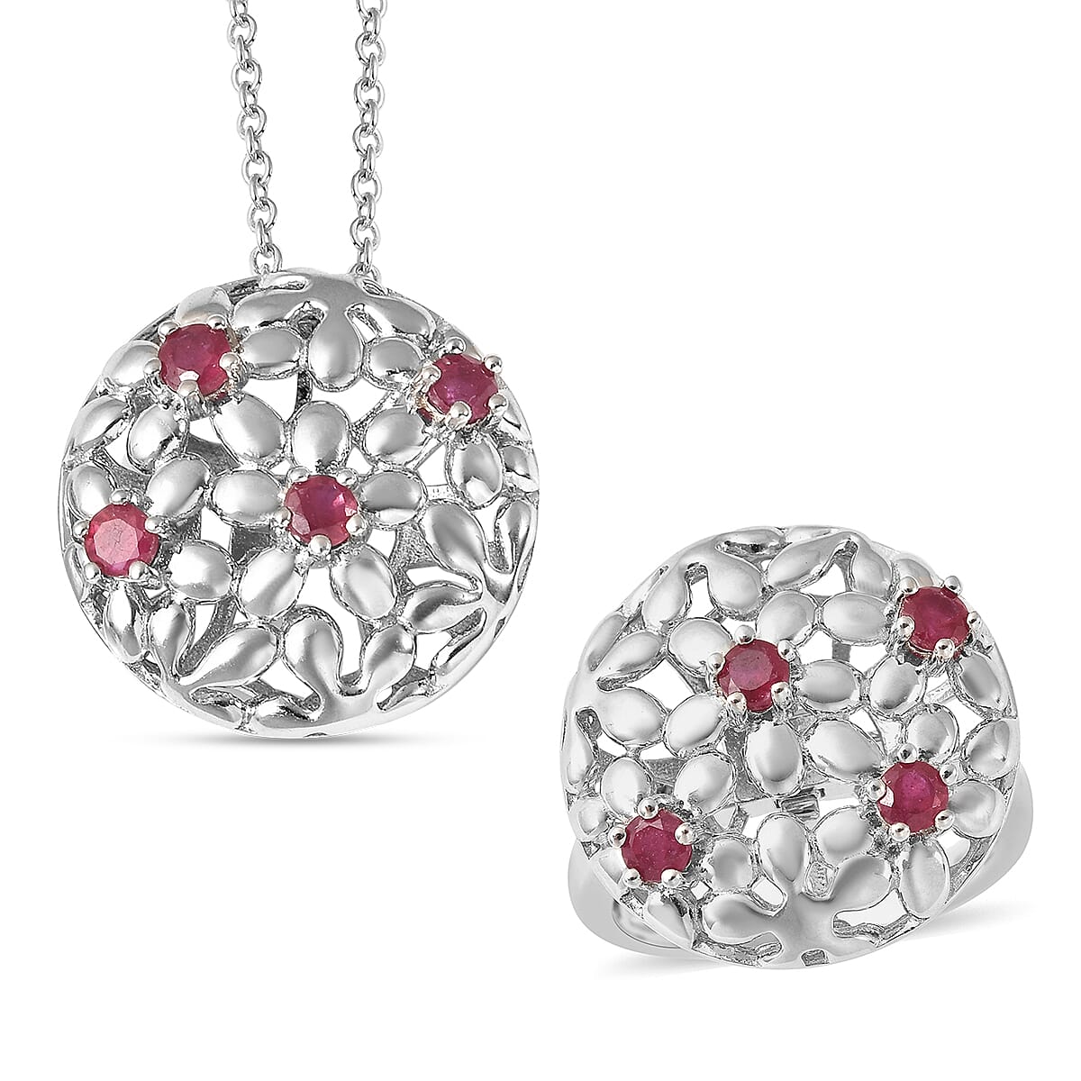 Lucy Q Filigree Collection - 2 Piece Set - 0.710 Ct. Fissure Filled Ruby Chain and Ring in Rhodium Plated Sterling Silver 3879777 0