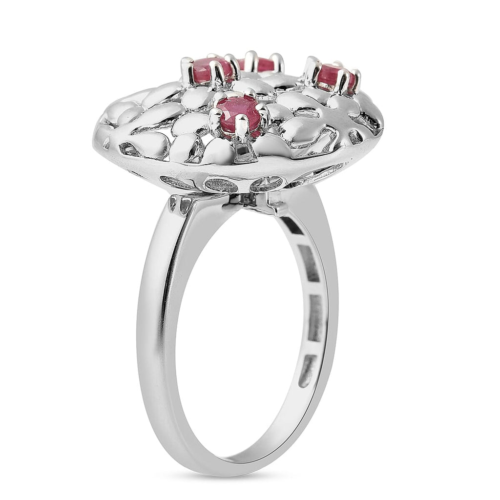 LucyQ Filigree Collection - African Ruby (FF) Interchangeable Poison Ring-Locket with Chain (Size 22) in Rhodium Overlay Sterling Silver, Silver