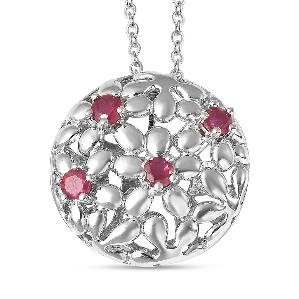 LucyQ Filigree Collection - African Ruby (FF) Interchangeable Poison Ring-Locket with Chain (Size 22) in Rhodium Overlay Sterling Silver, Silver