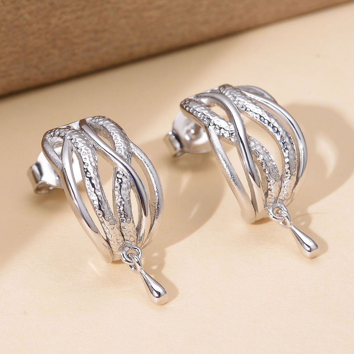 Lucy Q Multi Texture Drop Collection - Crisscross Dangling Earrings in Rhodium Plated Sterling Silver 3889584 1
