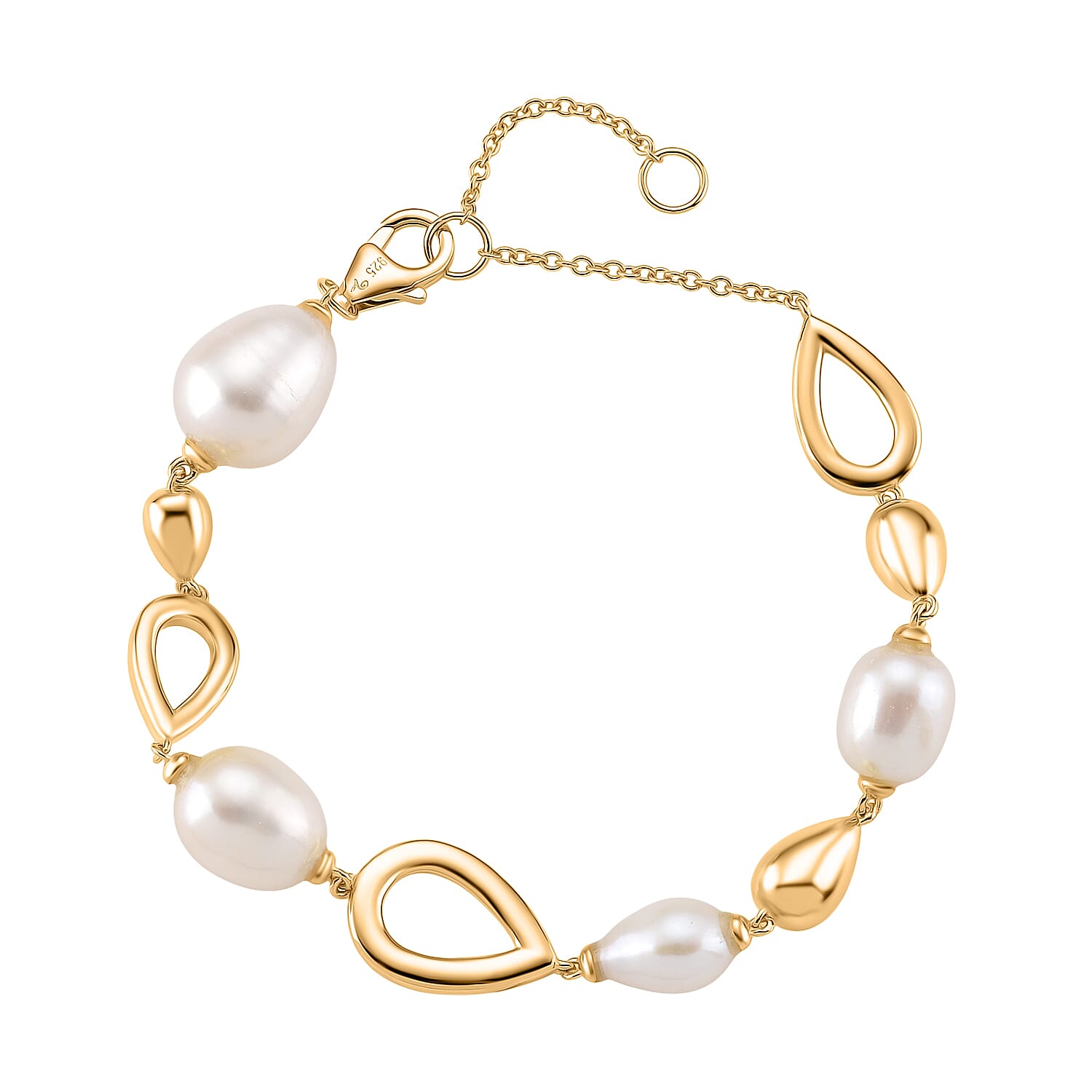 LUCY Q Pearl Drop Collection - Fresh Water Pearl Bracelet (Size - 8) Sterling Silver with Lobster Clasp in 18K Vermeil Yellow Gold Plated 23.14 Ct, Silver Wt. 9.20 Gms. 8181030 0