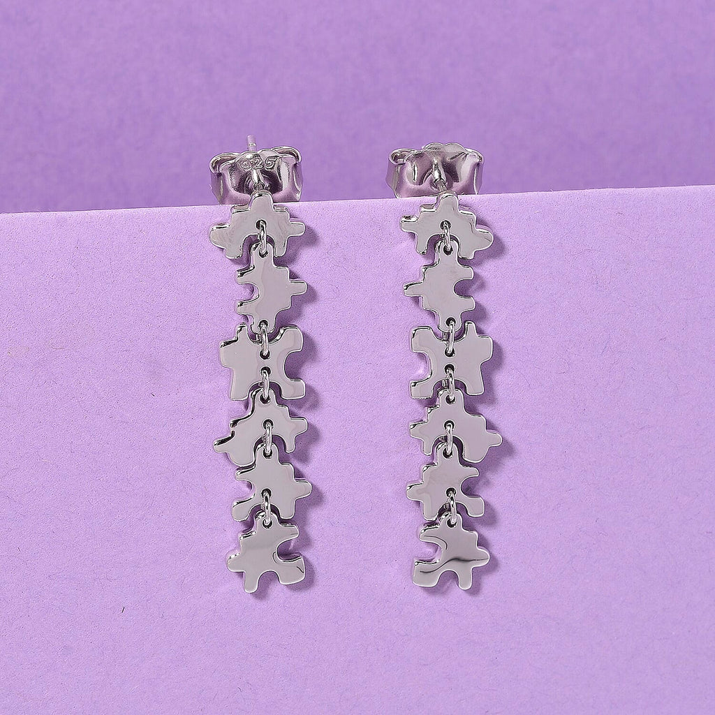 Lucy Q Jigsaw Collection - Puzzle Piece Dangle Earring with Push Back in Rhodium Overlay Sterling Silver, Silver Wt. 7.00 Gms