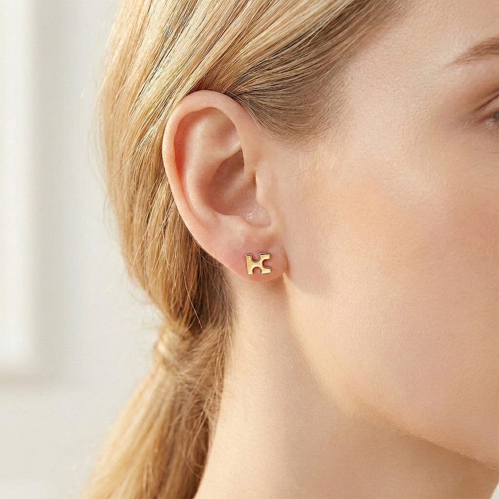 Lucy Q Jigsaw Collection - Puzzle Piece Stud Earring with Push Back in 18K Vermeil Yellow Gold Plated Sterling Silver
