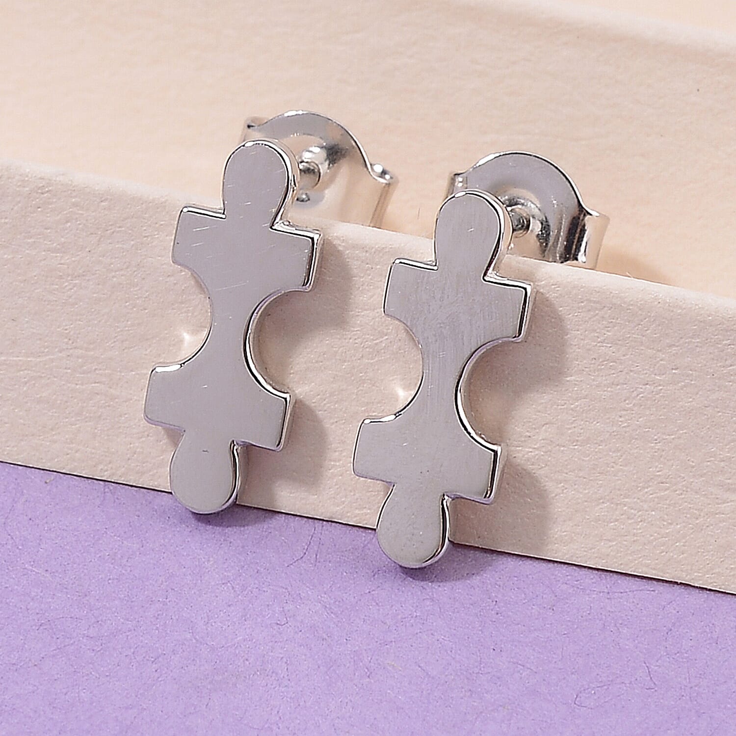 Lucy Q Jigsaw Collection - Puzzle Piece Stud Push Back Earrings in Rhodium Overlay Sterling Silver 8112101 2