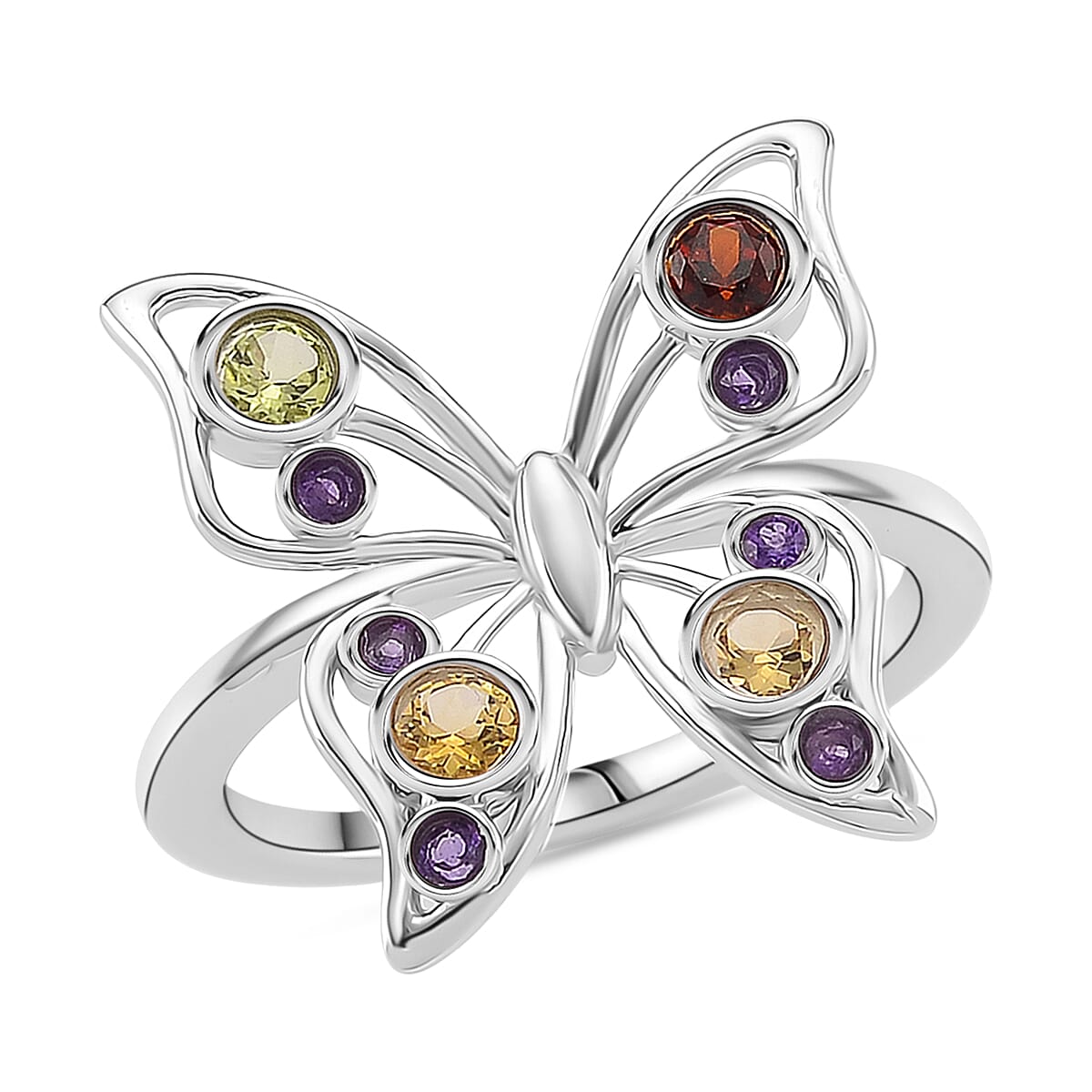 LucyQ Butterfly Collection - Red Garnet, African Amethyst &amp; Multi Gemstones Cluster Butterfly Ring in Rhodium Overlay Sterling Silver 8213477 0