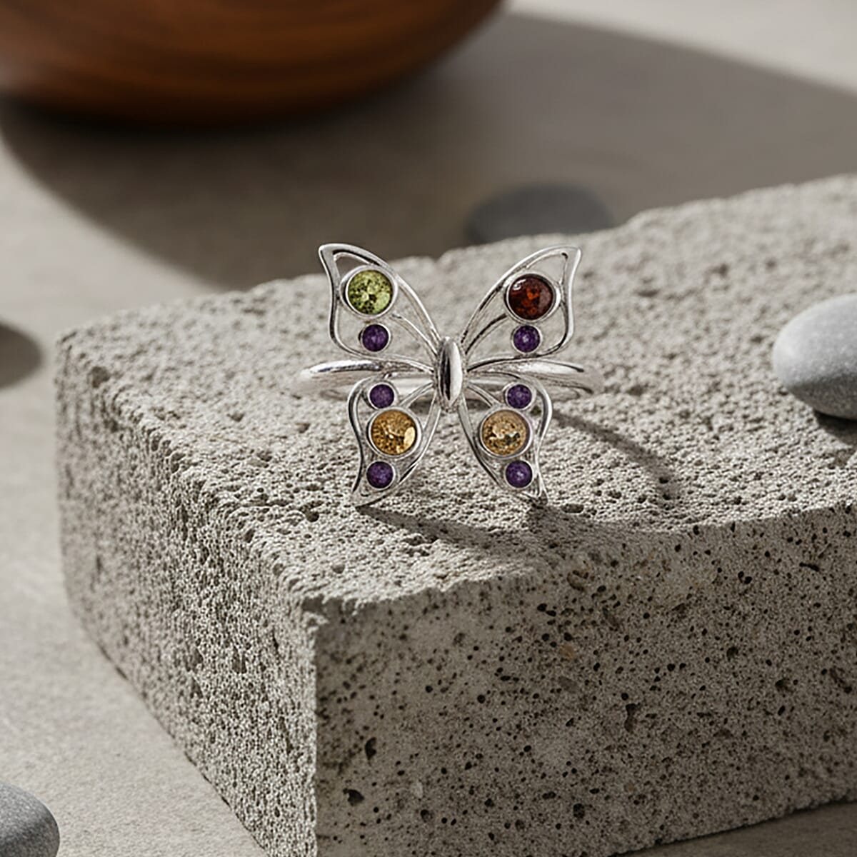LucyQ Butterfly Collection - Red Garnet, African Amethyst &amp; Multi Gemstones Cluster Butterfly Ring in Rhodium Overlay Sterling Silver 8213477 2