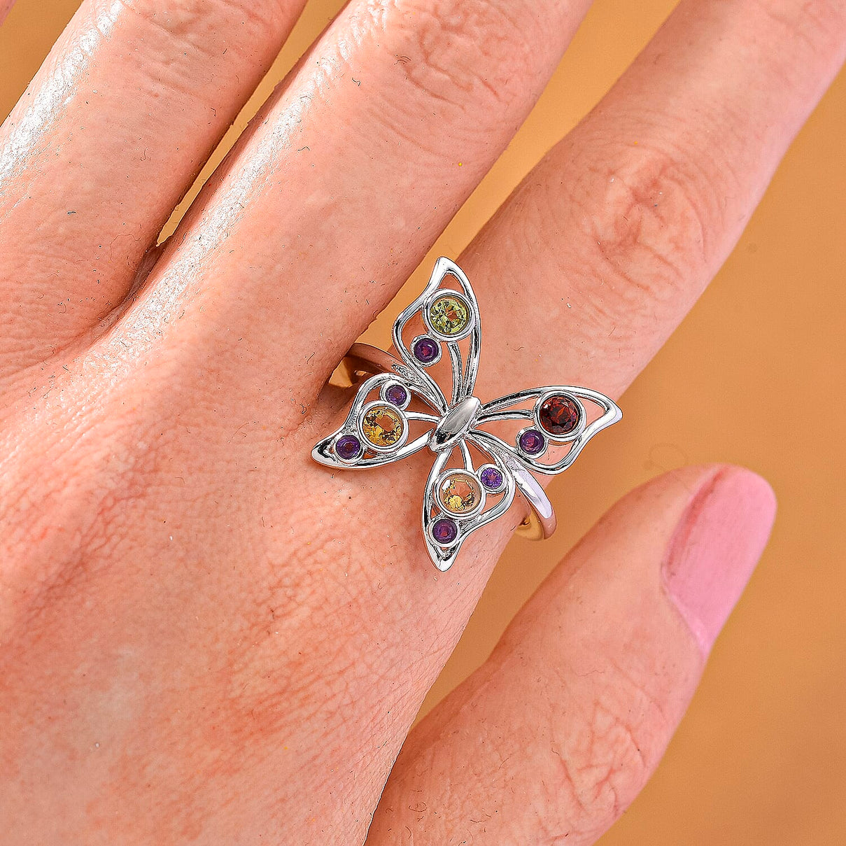 LucyQ Butterfly Collection - Red Garnet, African Amethyst &amp; Multi Gemstones Cluster Butterfly Ring in Rhodium Overlay Sterling Silver 8213477 3