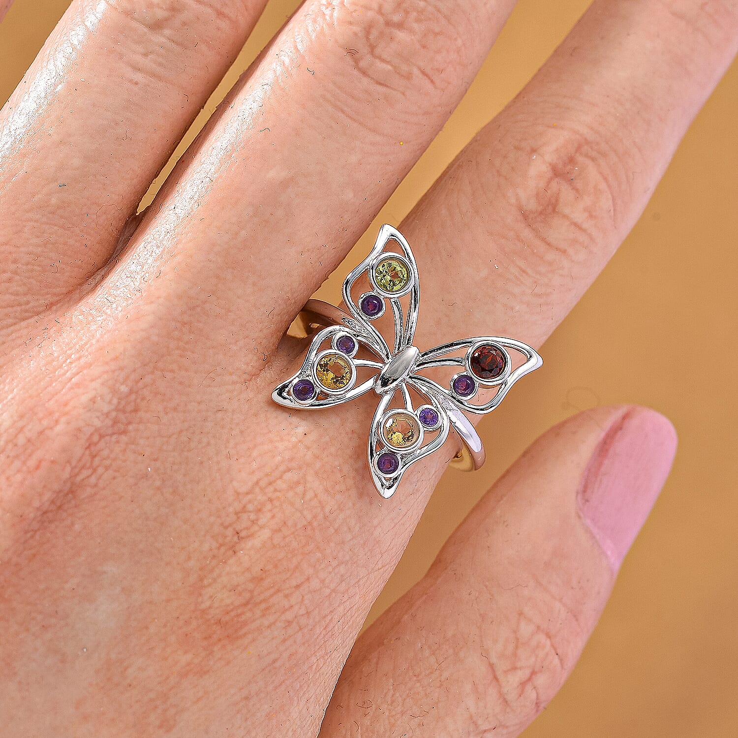 LucyQ Butterfly Collection - Red Garnet, African Amethyst &amp; Multi Gemstones Cluster Butterfly Ring in Rhodium Overlay Sterling Silver 8213477 3