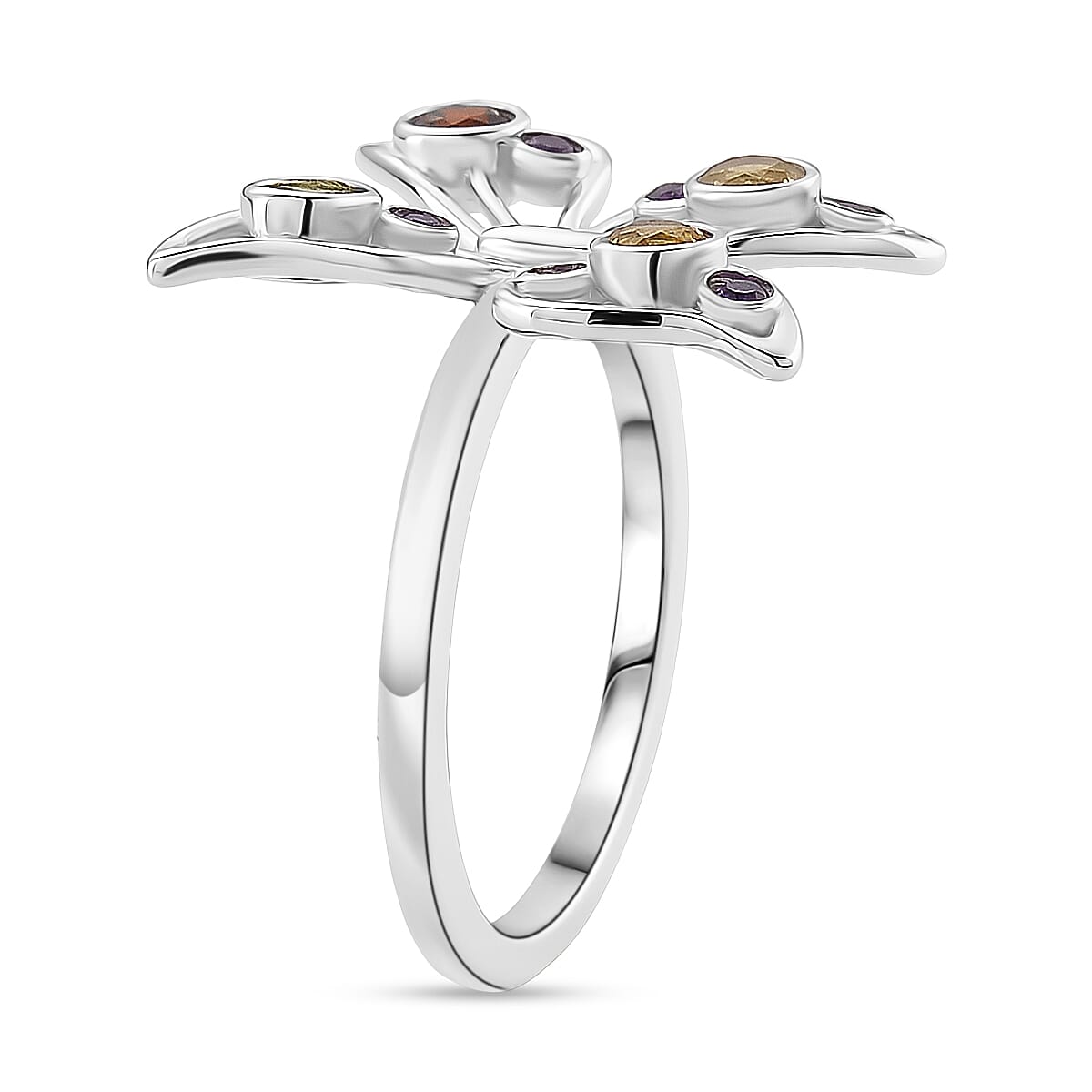 LucyQ Butterfly Collection - Red Garnet, African Amethyst &amp; Multi Gemstones Cluster Butterfly Ring in Rhodium Overlay Sterling Silver 8213477 4