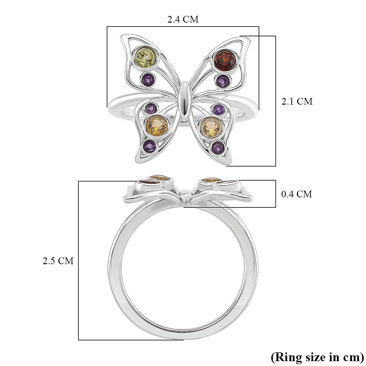 LucyQ Butterfly Collection - Red Garnet, African Amethyst &amp; Multi Gemstones Cluster Butterfly Ring in Rhodium Overlay Sterling Silver 8213477 6