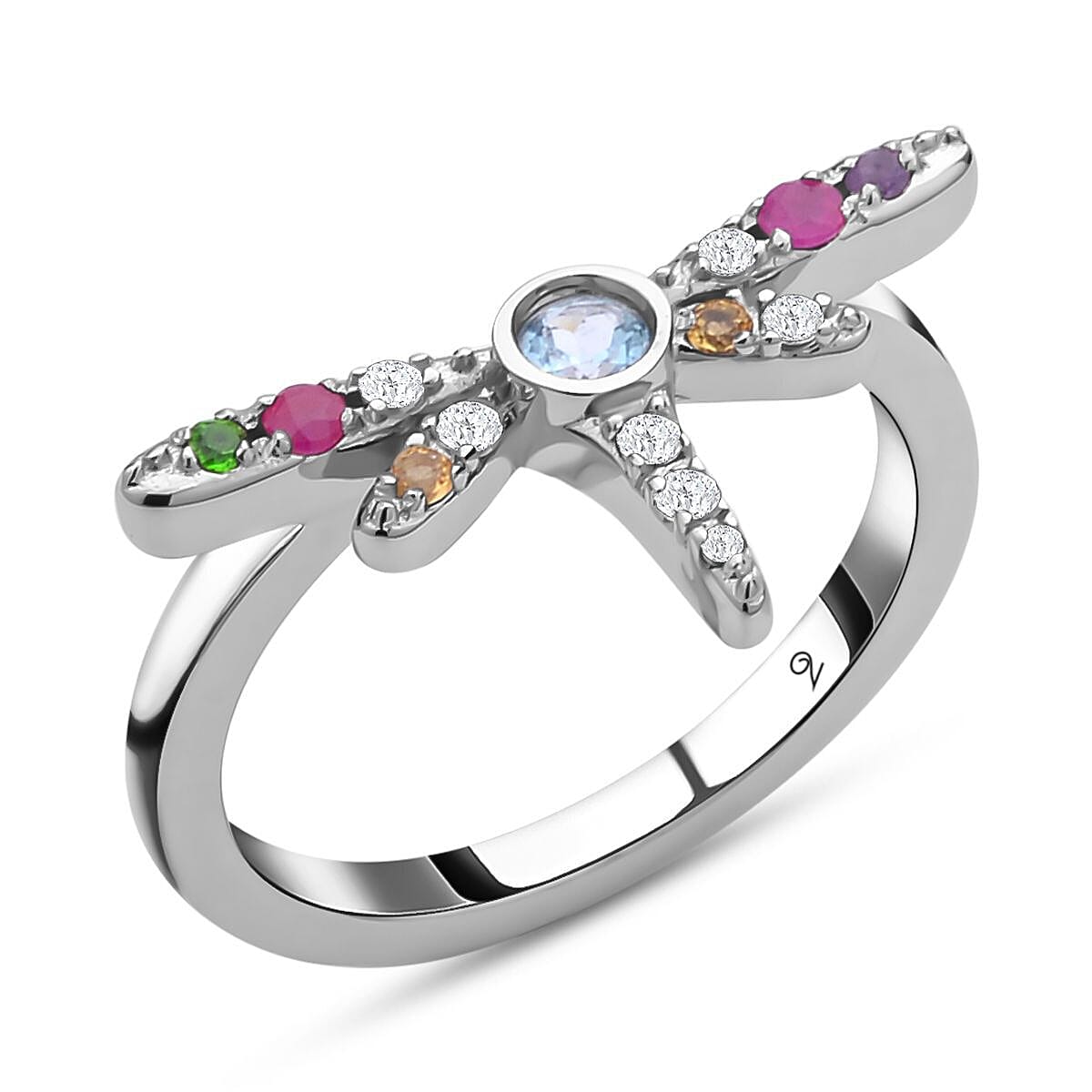 Lucy Q- Dragonfly Collection - Swiss Blue Topaz and Multi Gemstone Ring in Rhodium Overlay Sterling Silver 7280360 1