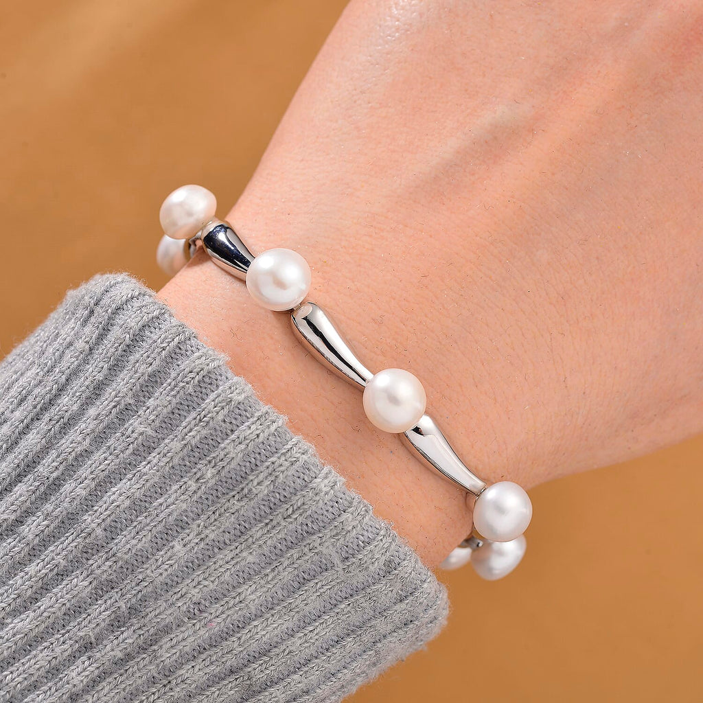 Lucy Q Pearl Drop Collection - White Fresh Water Pearl Bracelet (Size 8) in Rhodium Overlay Sterling Silver 32.08 Ct, Silver Wt. 15.80 Gms.