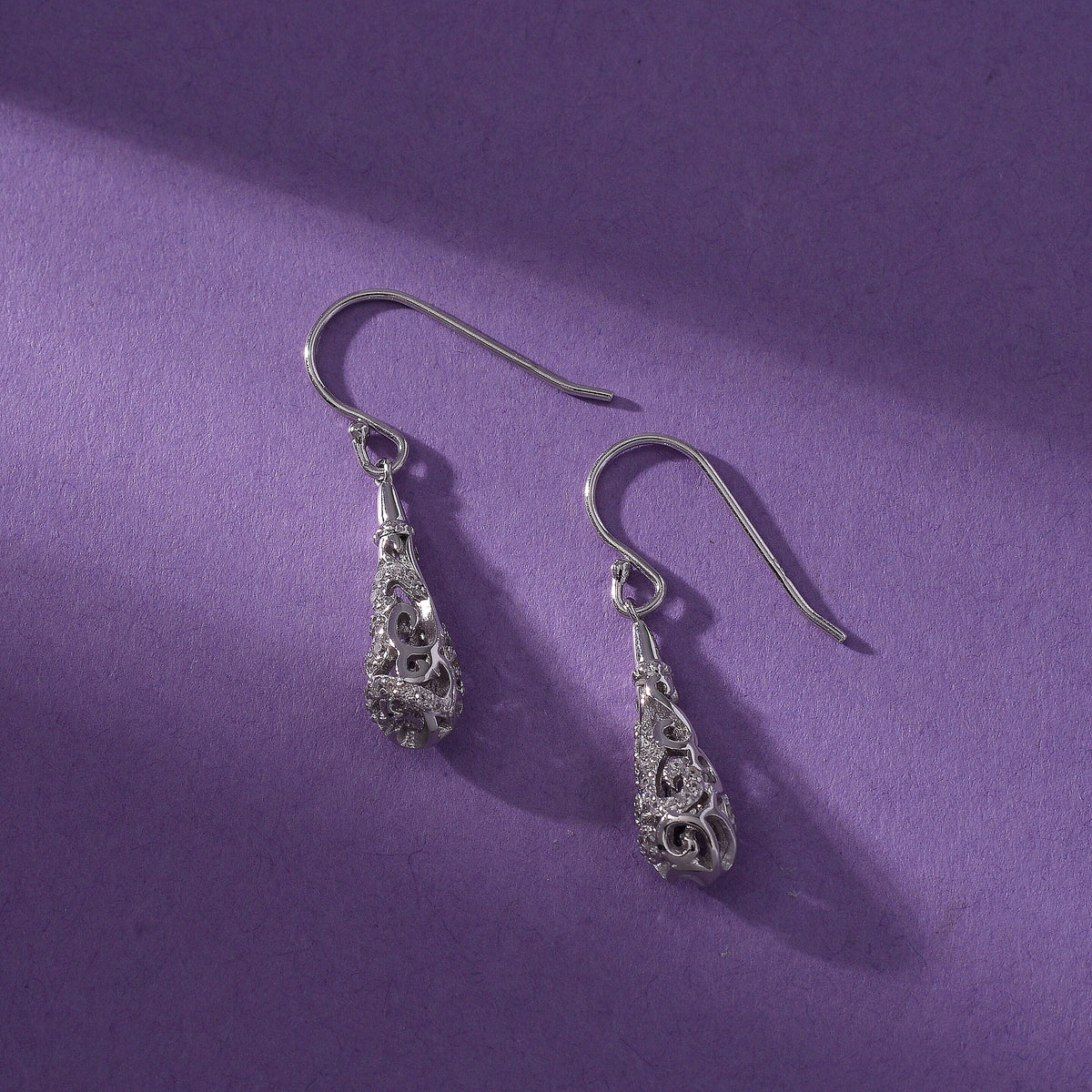 LucyQ - Air Drip Collection White Zircon Earring with Hook in Rhodium Overlay Sterling Silver 1.32 Ct. 8064864 1