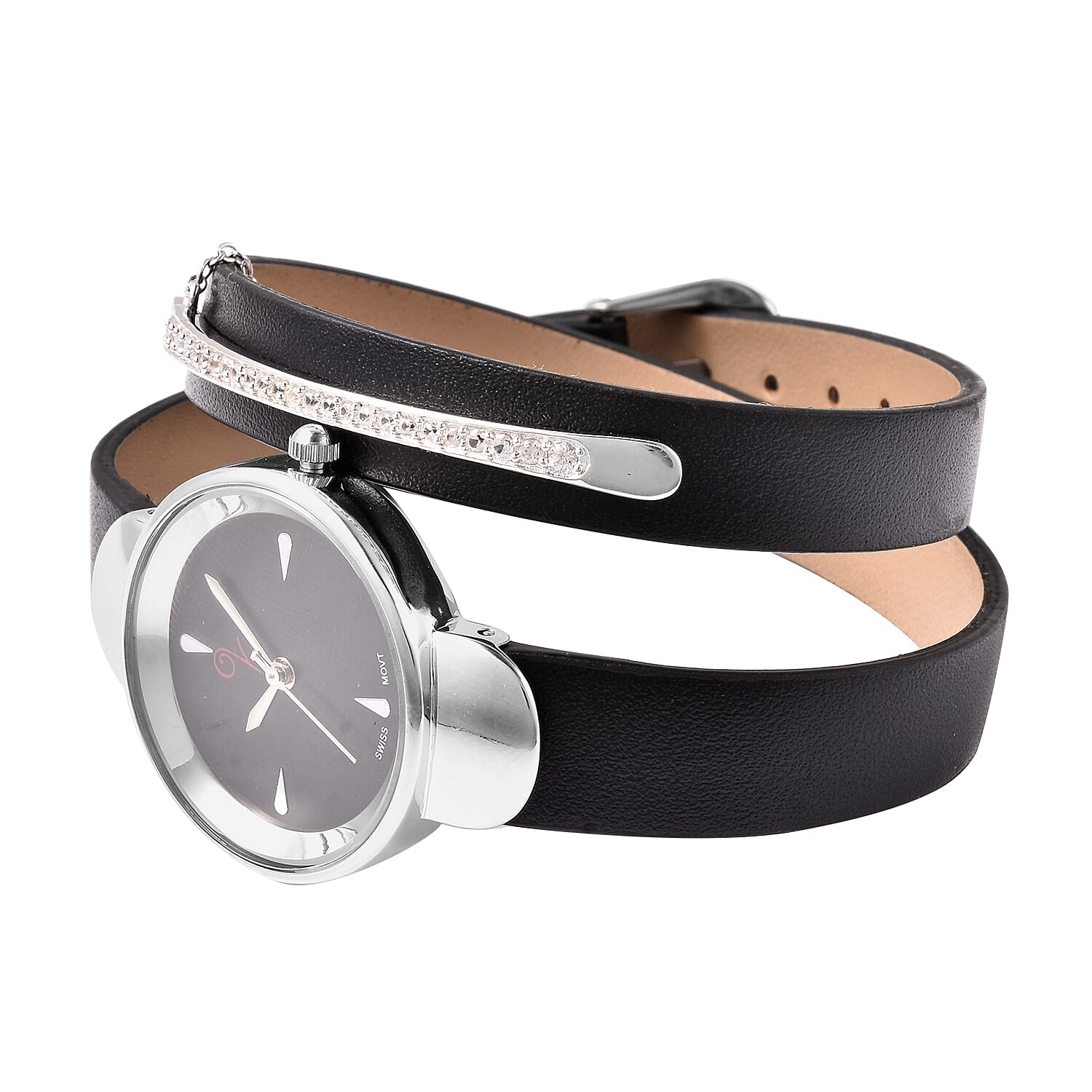 Lucy Q Swiss Movement Black Dial 3ATM Water Resistant Watch with 3 Row Black Leather Strap and Natural Cambodian Zircon Studded Sterling Silver Charm in a Gift Box 3717385 3