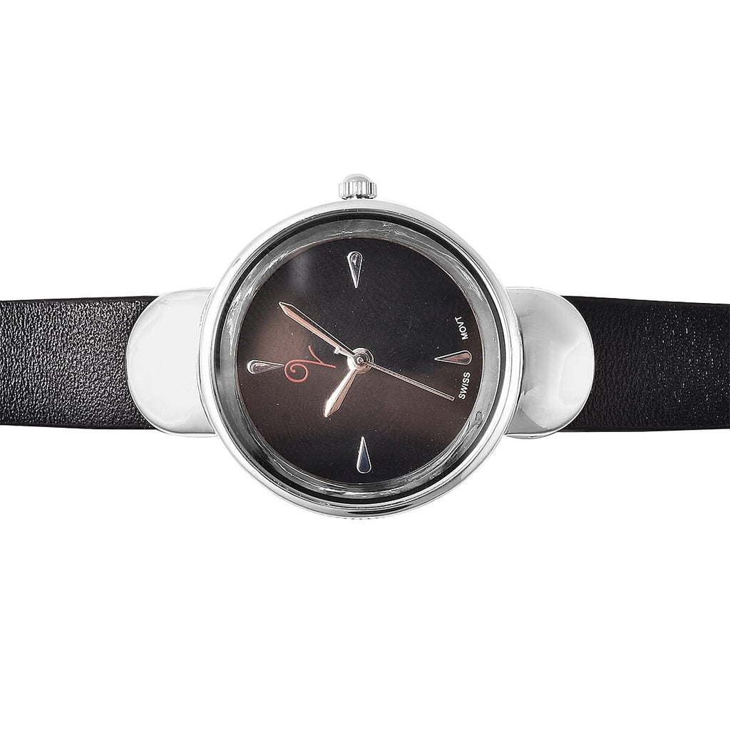 LucyQ Swiss Movement Black Dial 3ATM Water Resistant Watch with 3 Row Black Leather Strap and Natural Zircon Studded Sterling Silver Charm in a Gift Box
