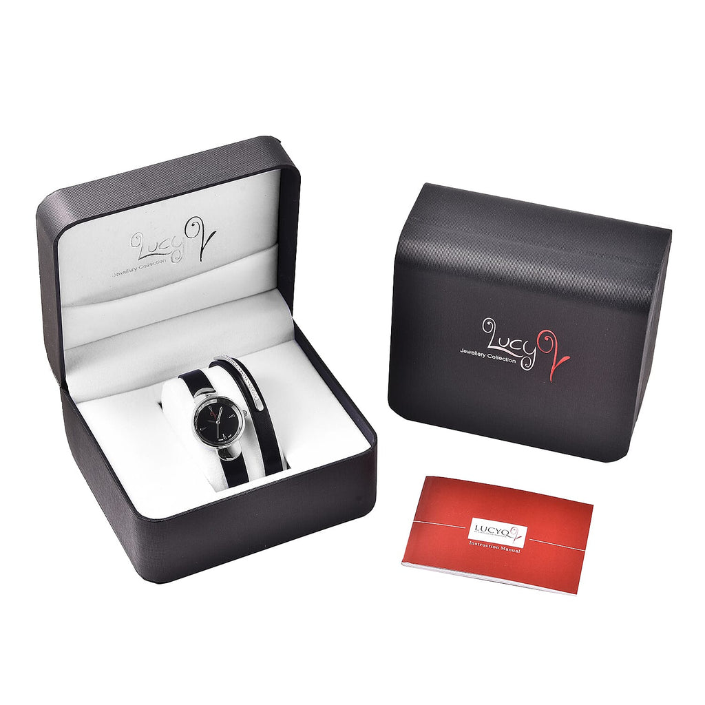 LucyQ Swiss Movement Black Dial 3ATM Water Resistant Watch with 3 Row Black Leather Strap and Natural Zircon Studded Sterling Silver Charm in a Gift Box