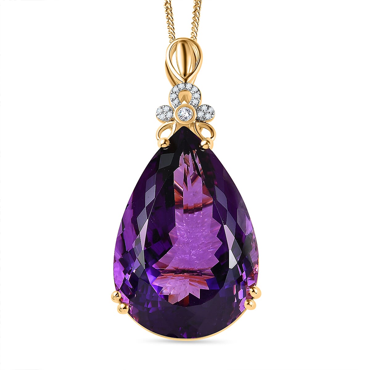 Lusaka Amethyst &amp; Natural Zircon Drop Pendant with Chain (Size 20) in 18K Vermeil Yellow Gold Plated Sterling Silver 100.36 Ct, Silver Wt. 13.04 Gms 4228575 0