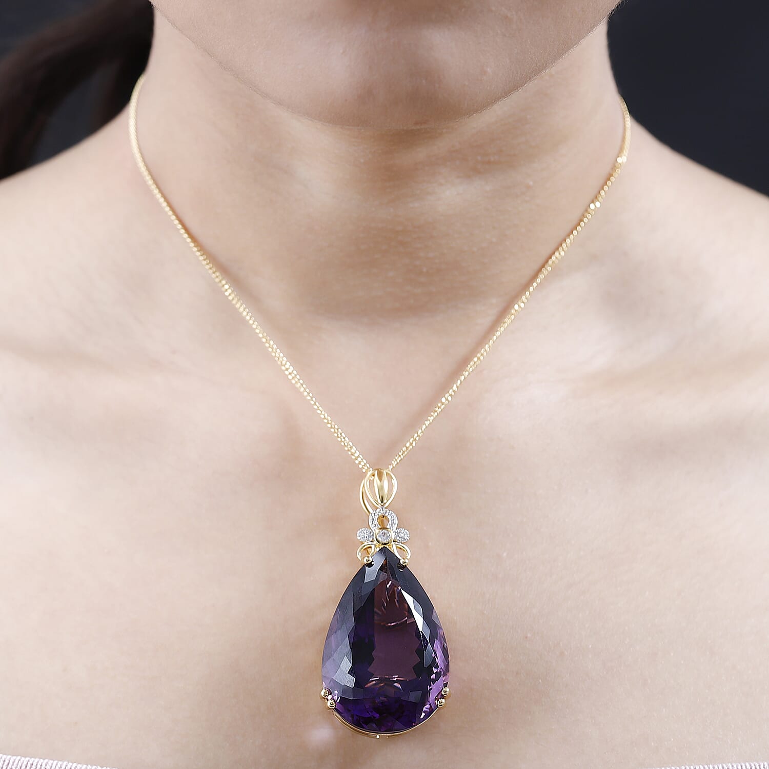 Lusaka Amethyst &amp; Natural Zircon Drop Pendant with Chain (Size 20) in 18K Vermeil Yellow Gold Plated Sterling Silver 100.36 Ct, Silver Wt. 13.04 Gms 4228575 1
