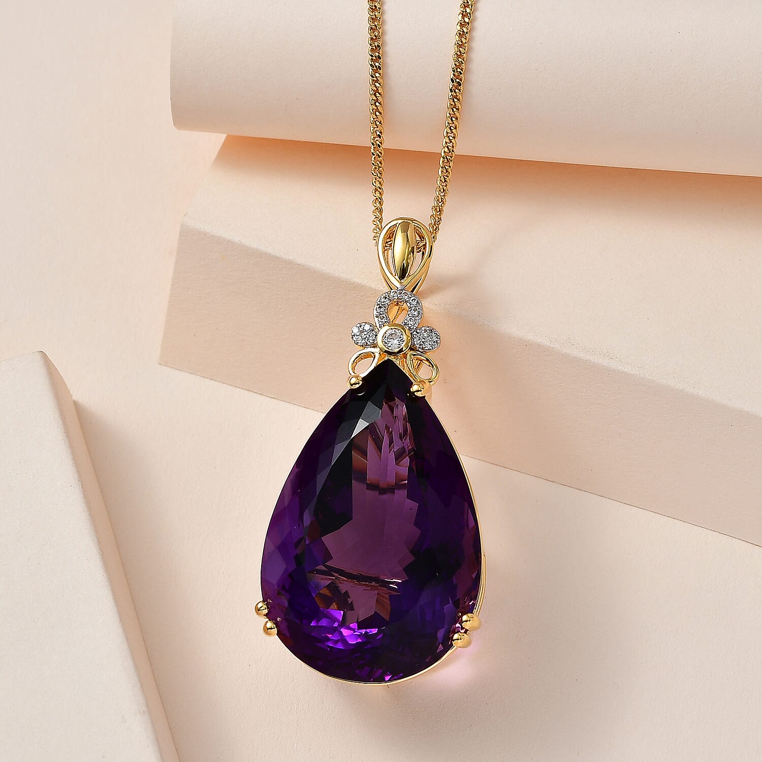 Lusaka Amethyst &amp; Natural Zircon Drop Pendant with Chain (Size 20) in 18K Vermeil Yellow Gold Plated Sterling Silver 100.36 Ct, Silver Wt. 13.04 Gms 4228575 2