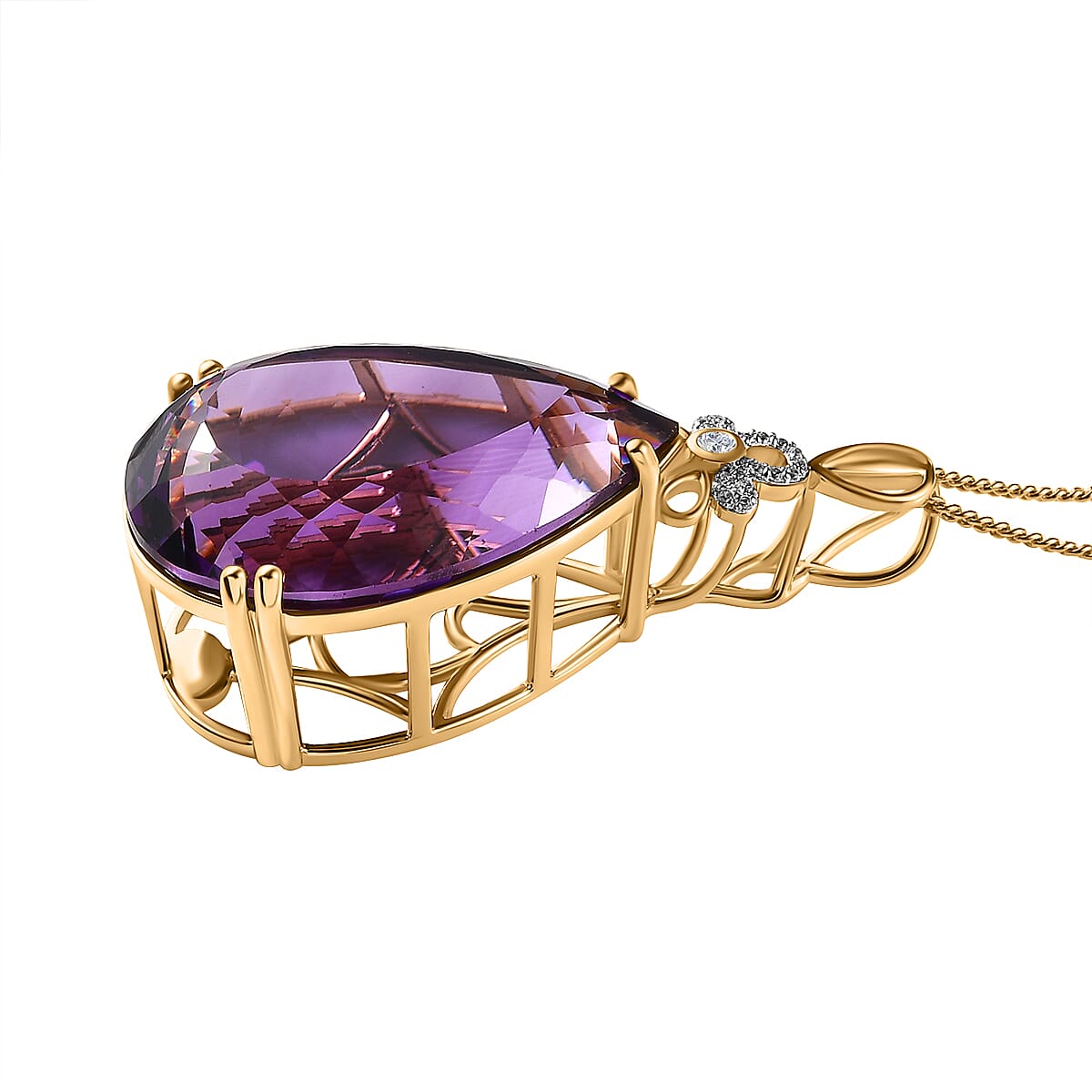 Lusaka Amethyst &amp; Natural Zircon Drop Pendant with Chain (Size 20) in 18K Vermeil Yellow Gold Plated Sterling Silver 100.36 Ct, Silver Wt. 13.04 Gms 4228575 3