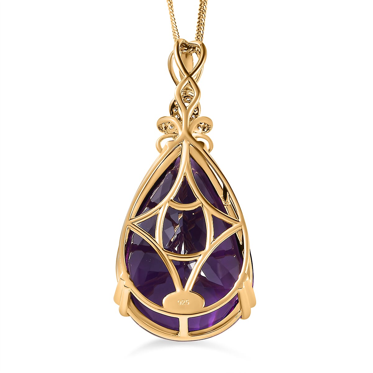 Lusaka Amethyst &amp; Natural Zircon Drop Pendant with Chain (Size 20) in 18K Vermeil Yellow Gold Plated Sterling Silver 100.36 Ct, Silver Wt. 13.04 Gms 4228575 4
