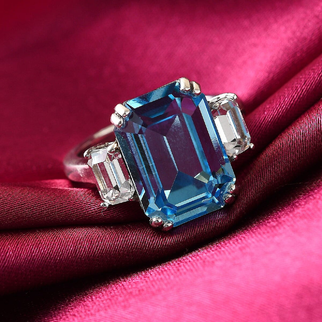 Lustro Stella Aquamarine and White Colour Crystal Ring in Platinum Overlay Sterling Silver