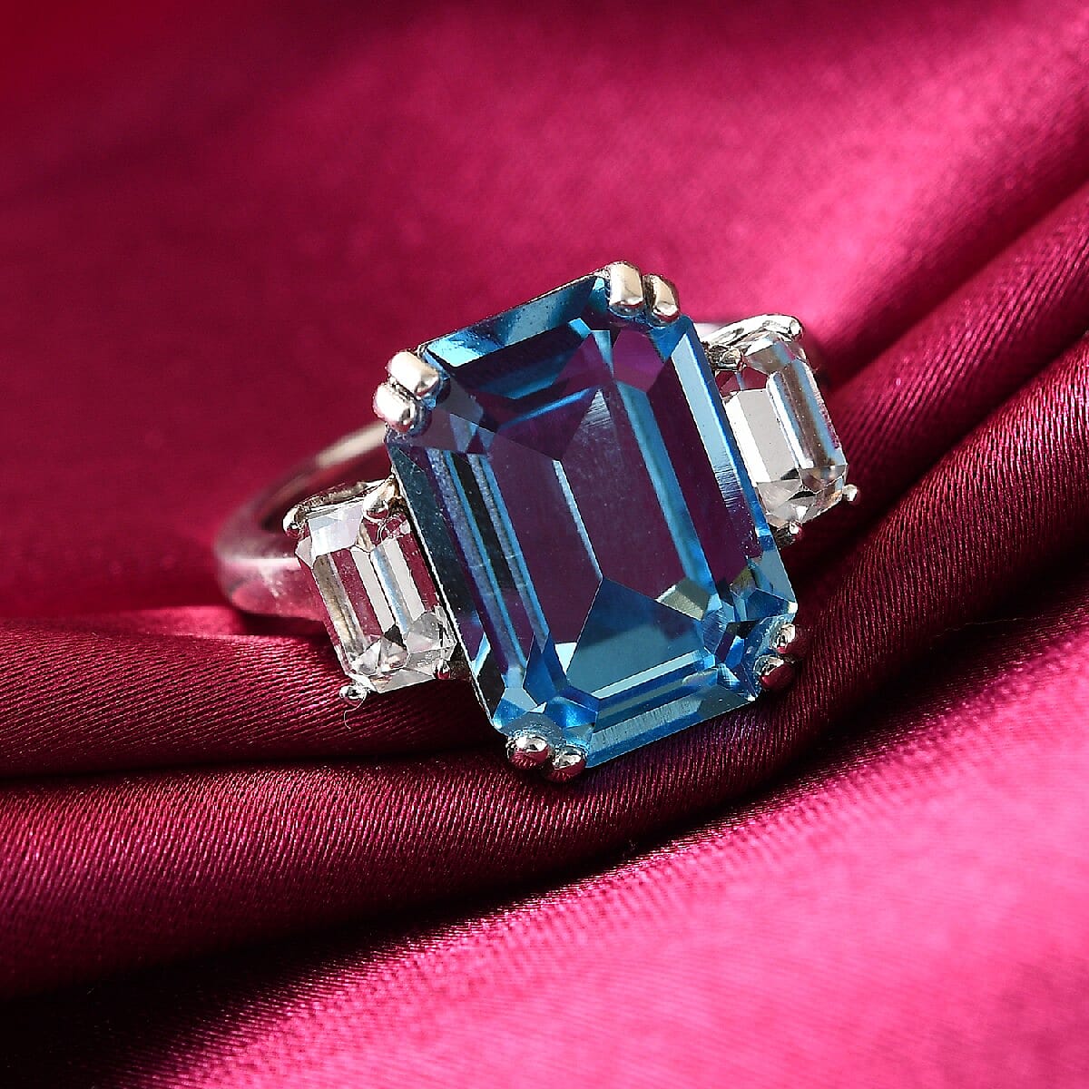 Lustro Stella Aquamarine and White Colour Crystal Ring in Platinum Overlay Sterling Silver 3819086 2