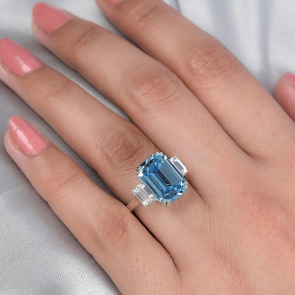 Lustro Stella Aquamarine and White Colour Crystal Ring in Platinum Overlay Sterling Silver