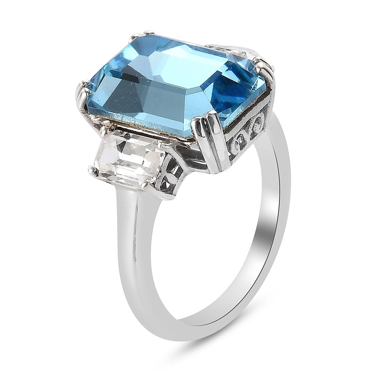 Lustro Stella Aquamarine and White Colour Crystal Ring in Platinum Overlay Sterling Silver 3819086 4