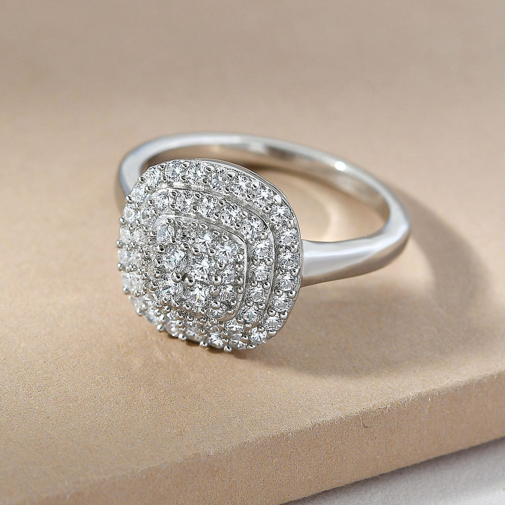 Lustro Stella - Platinum Overlay Sterling Silver Cluster Ring Made with Finest CZ 1.30 Ct