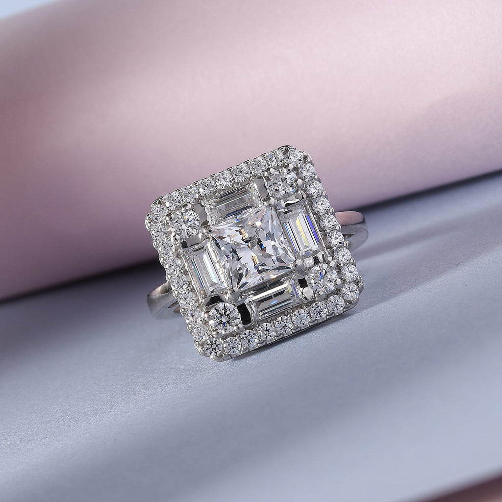 Lustro Stella Platinum Overlay Sterling Silver Cluster Ring Made with Finest CZ 5.13 Ct.